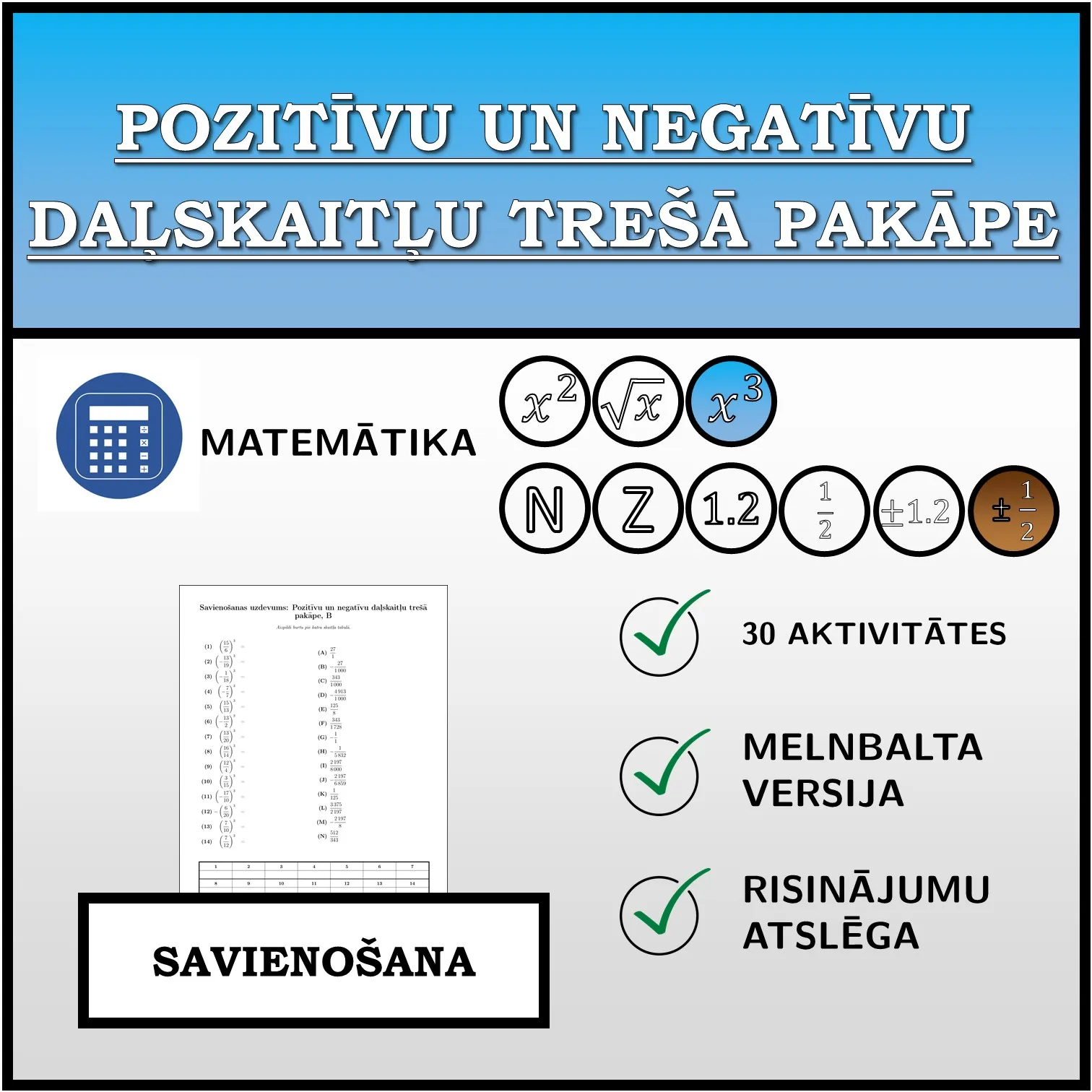 Savienošanas uzdevums: Pozitīvu un negatīvu daļskaitļu trešā pakāpe