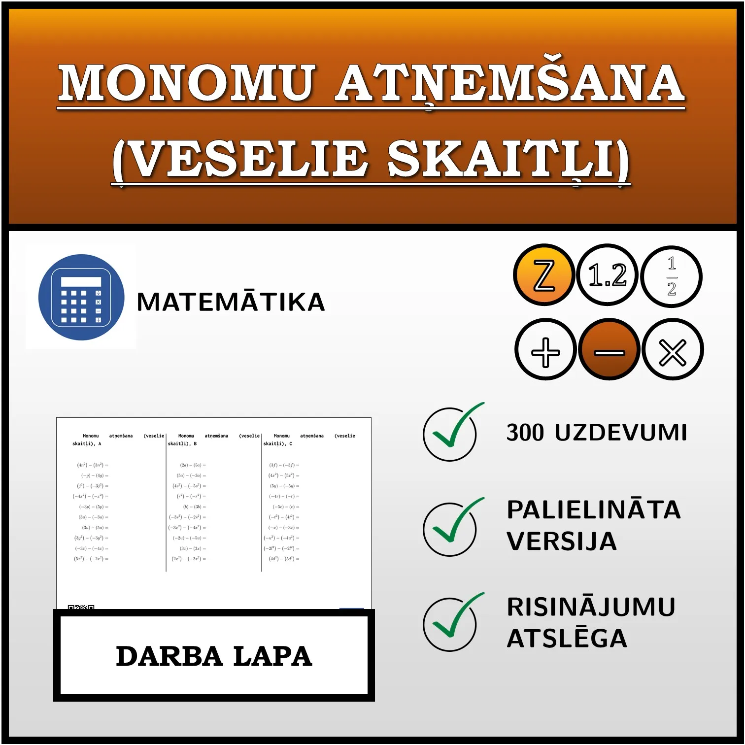 Darba lapa: Monomu atņemšana (veselie skaitļi)