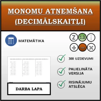 Darba lapa: Monomu atņemšana (decimālskaitļi)