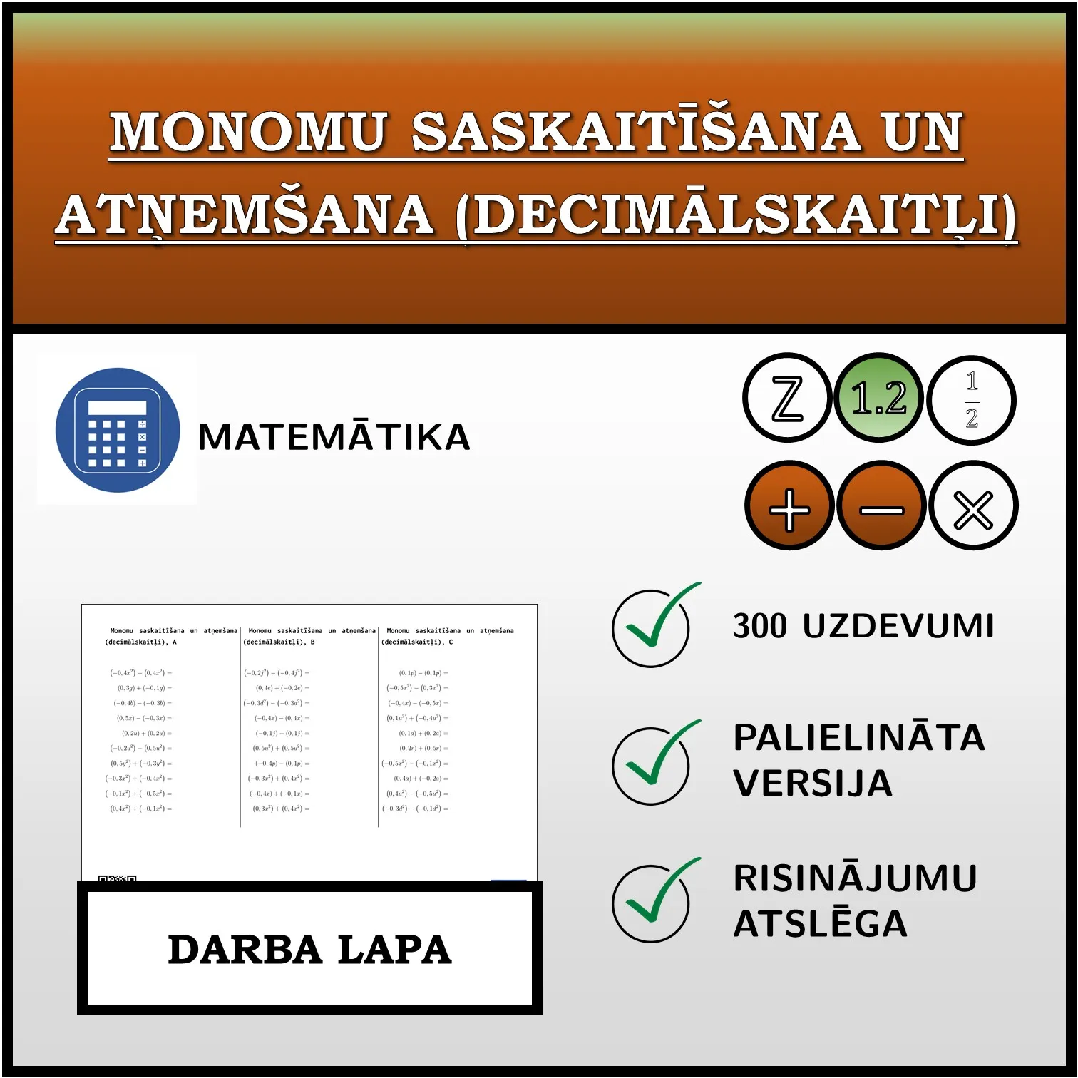 Darba lapa: Monomu saskaitīšana un atņemšana (decimālskaitļi)