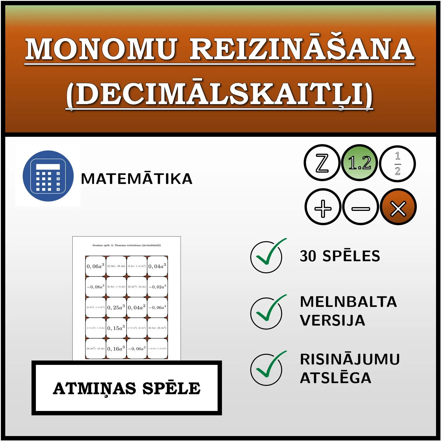 Atmiņas spēle: Monomu reizināšana (decimālskaitļi)