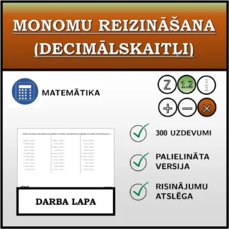 Darba lapa: Monomu reizināšana (decimālskaitļi)