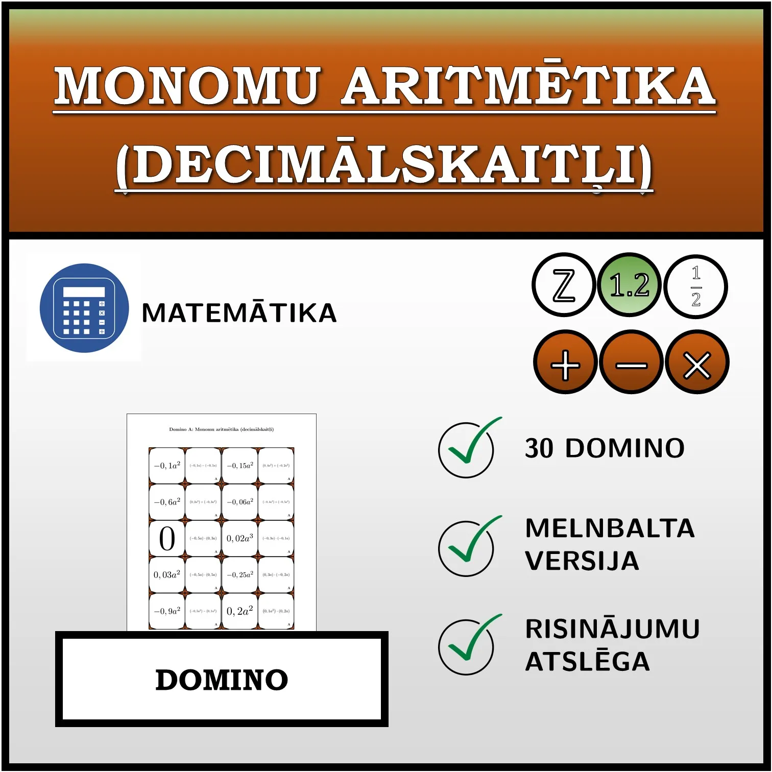 Domino: Monomu aritmētika (decimālskaitļi)