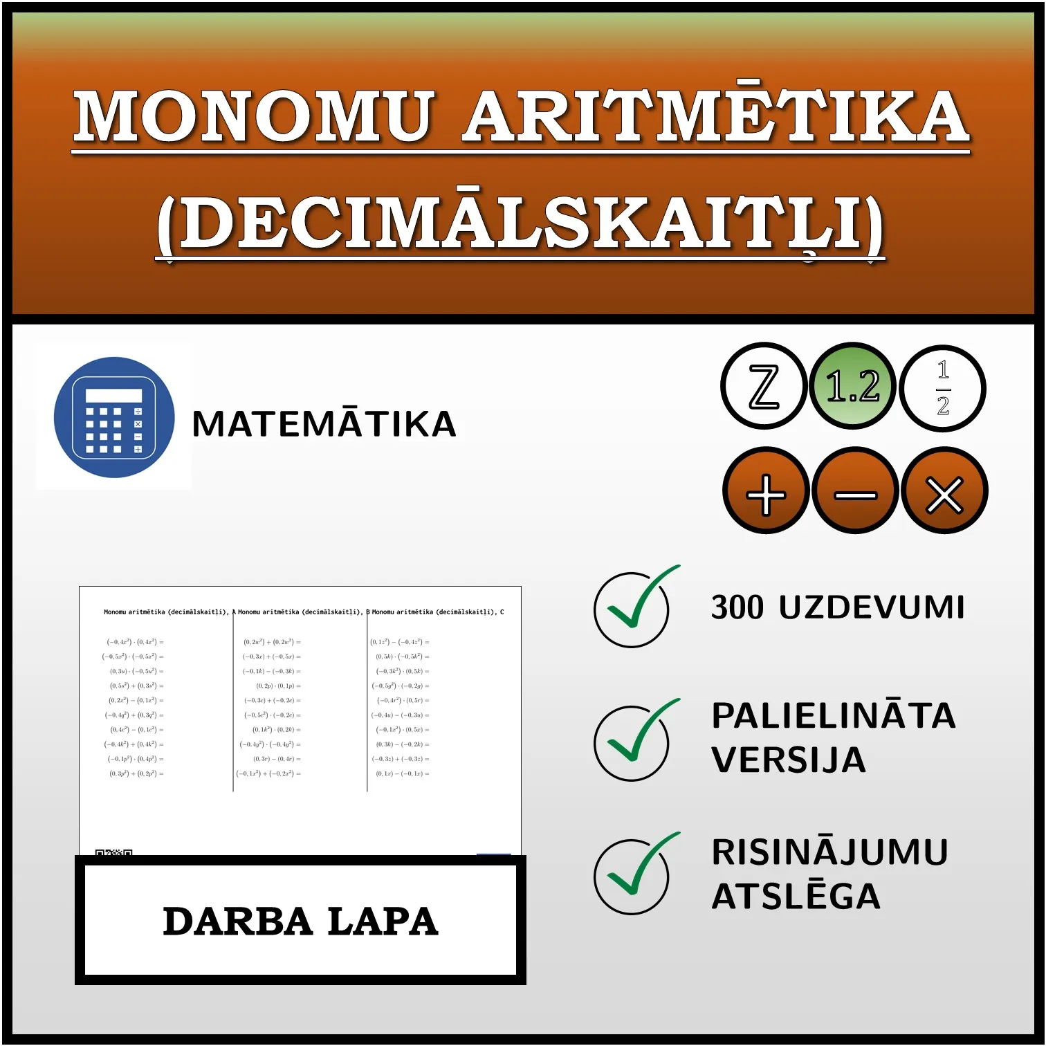 Darba lapa: Monomu aritmētika (decimālskaitļi)
