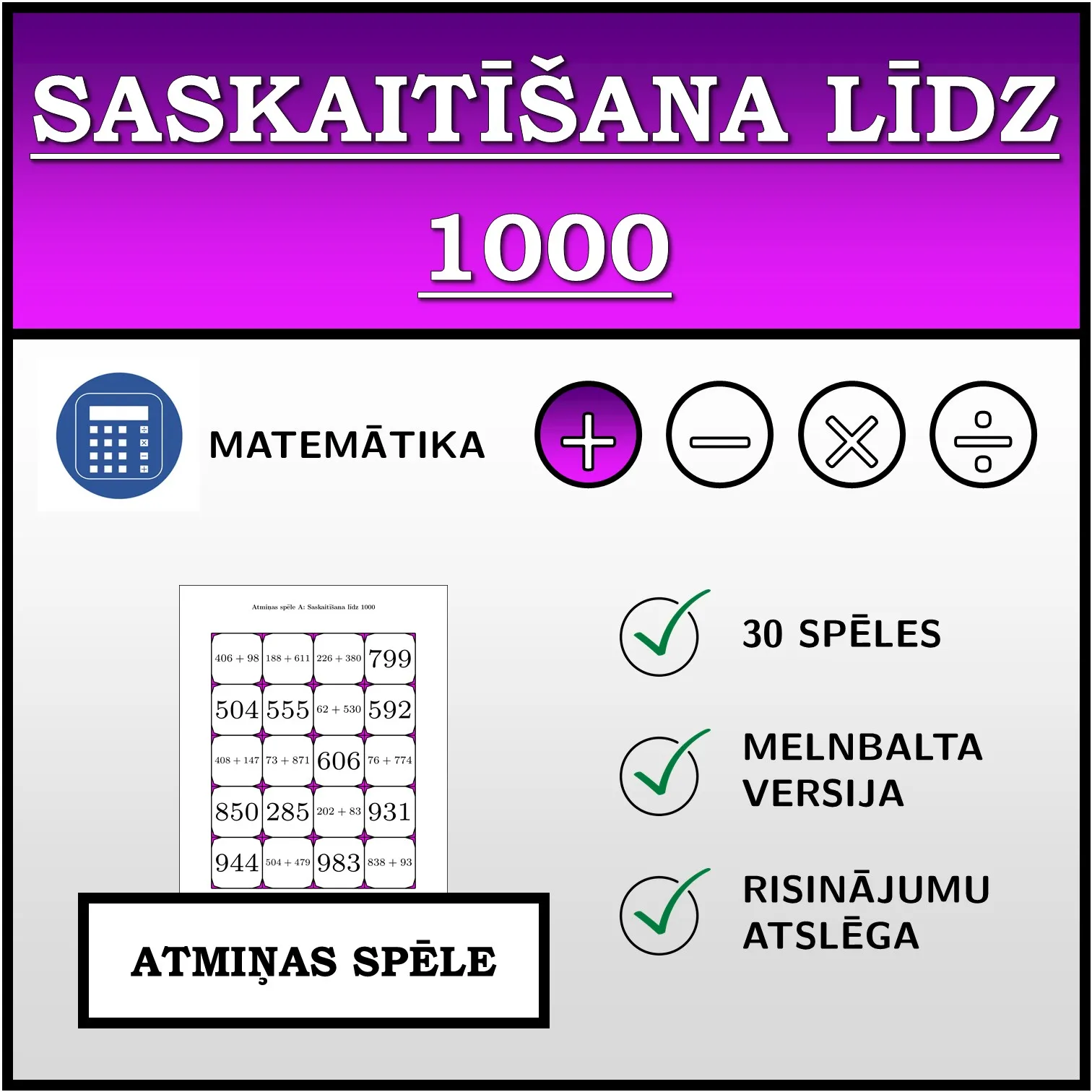 Atmiņas spēle: Saskaitīšana līdz 1000