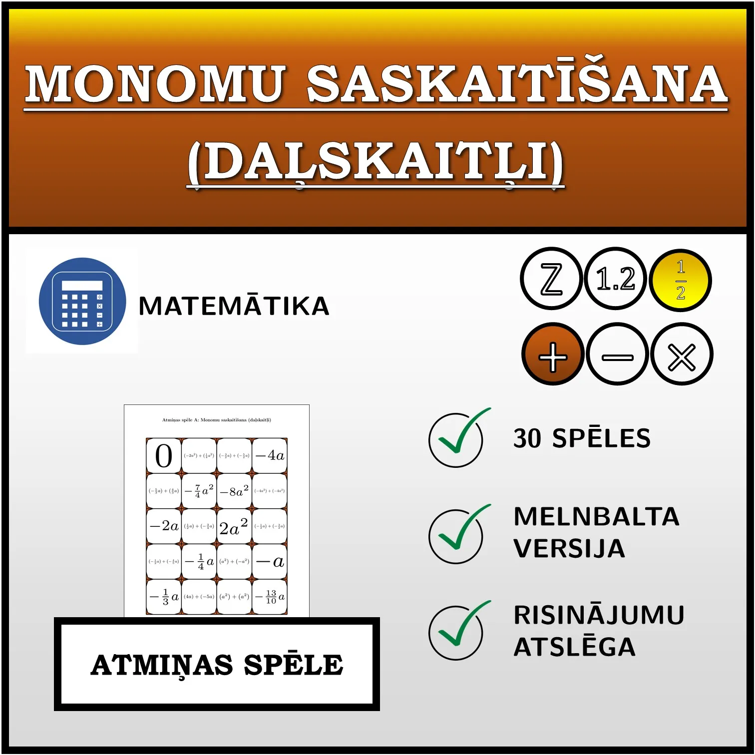 Atmiņas spēle: Monomu saskaitīšana (daļskaitļi)