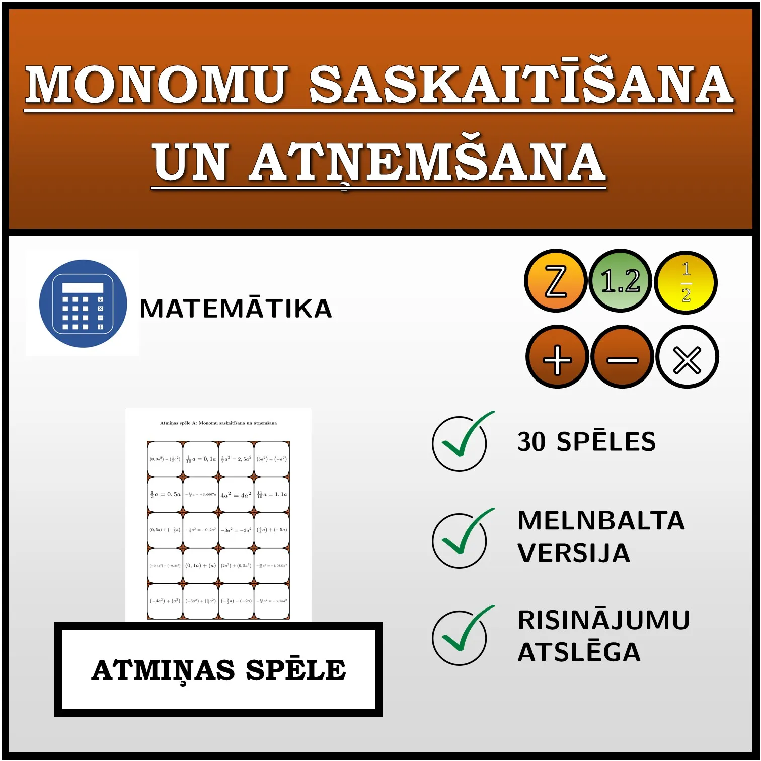 Atmiņas spēle: Monomu saskaitīšana un atņemšana