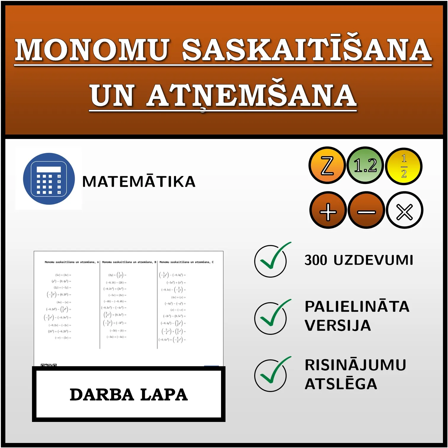 Darba lapa: Monomu saskaitīšana un atņemšana