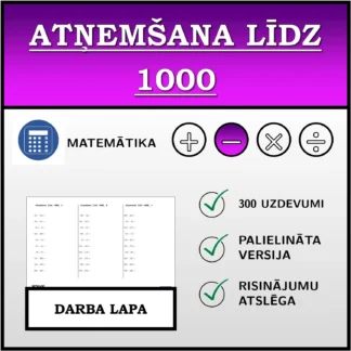 Darba lapa: Atņemšana līdz 1000