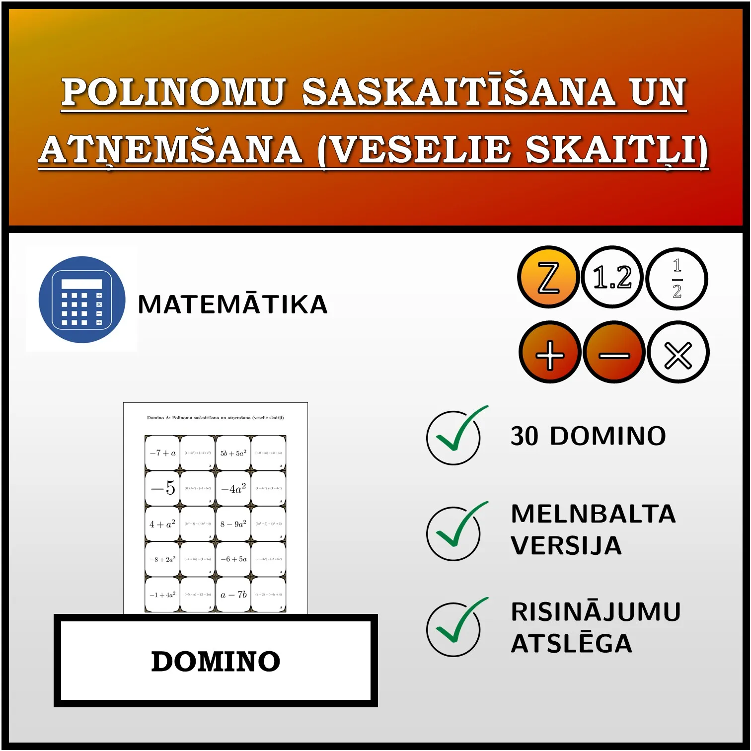 Domino: Polinomu saskaitīšana un atņemšana (veselie skaitļi)