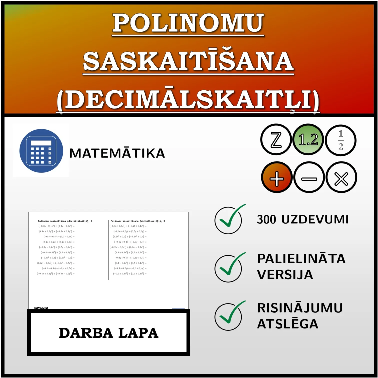 Darba lapa: Polinomu saskaitīšana (decimālskaitļi)