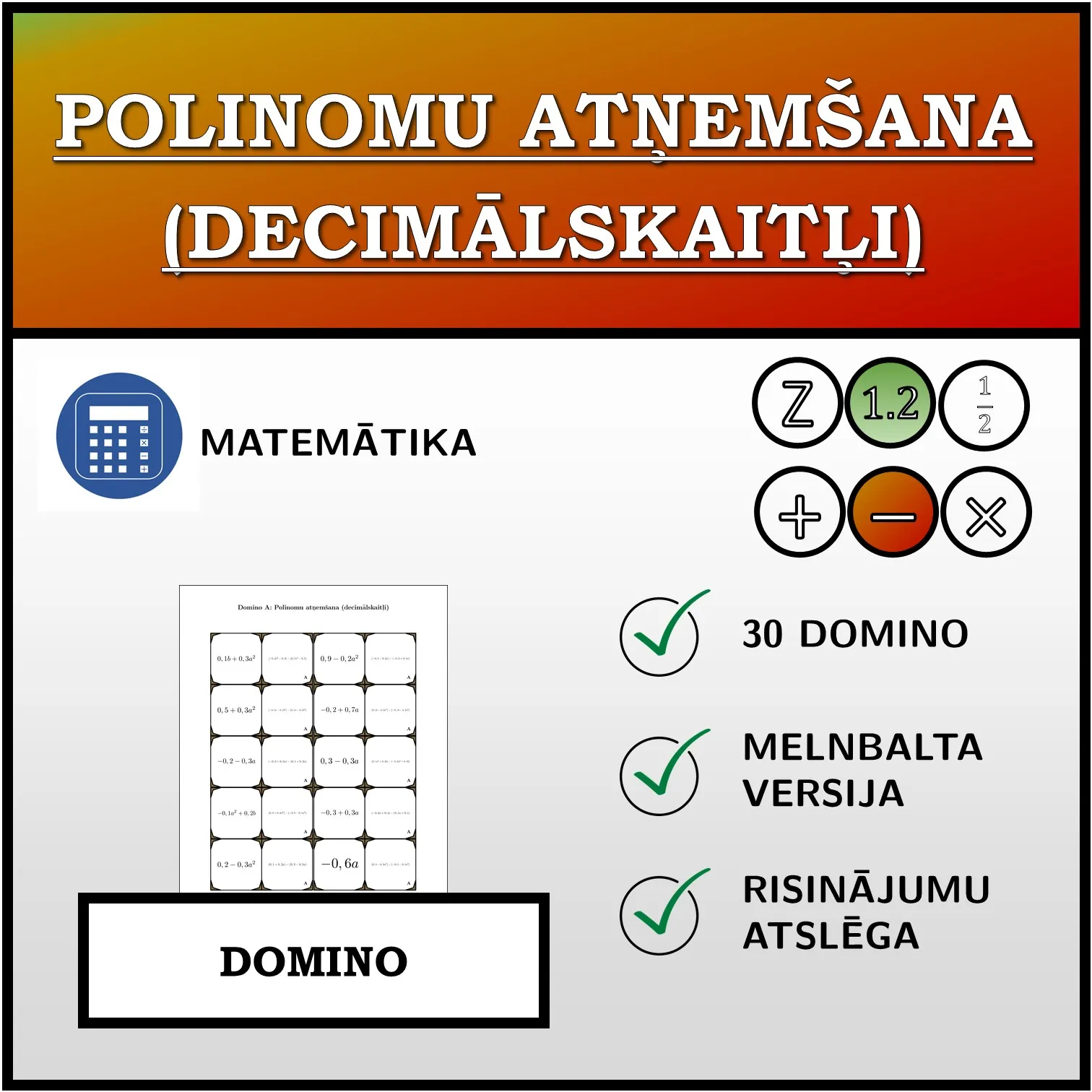 Domino: Polinomu atņemšana (decimālskaitļi)