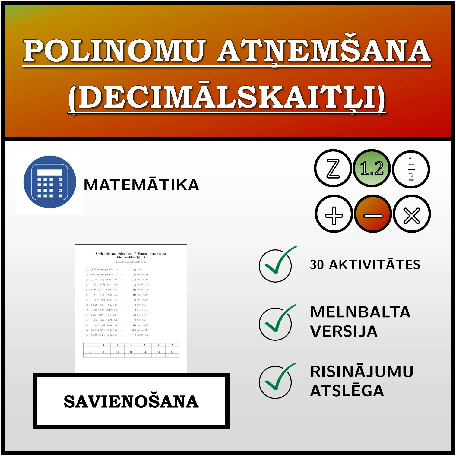 Savienošanas uzdevums: Polinomu atņemšana (decimālskaitļi)