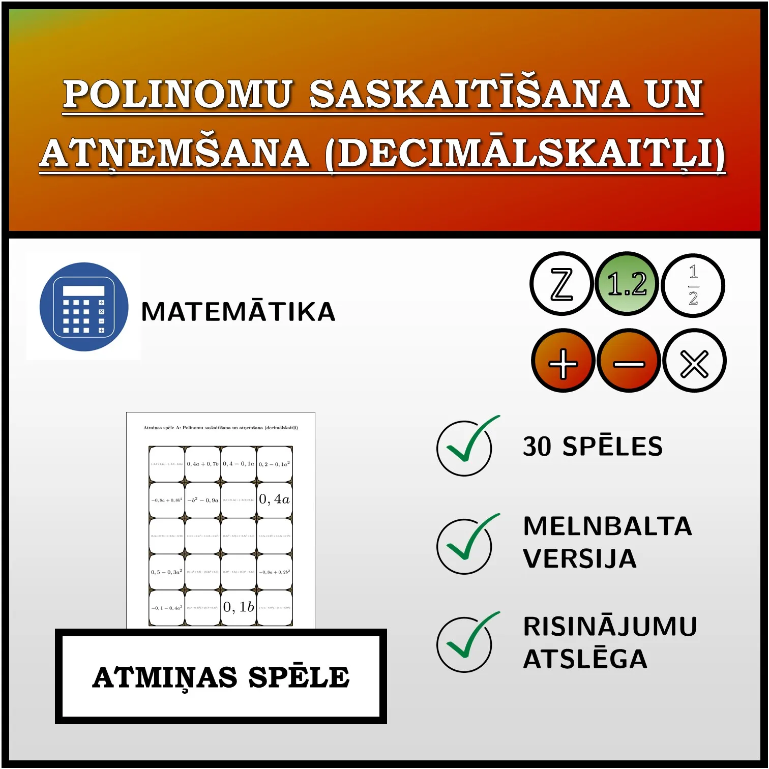 Atmiņas spēle: Polinomu saskaitīšana un atņemšana (decimālskaitļi)