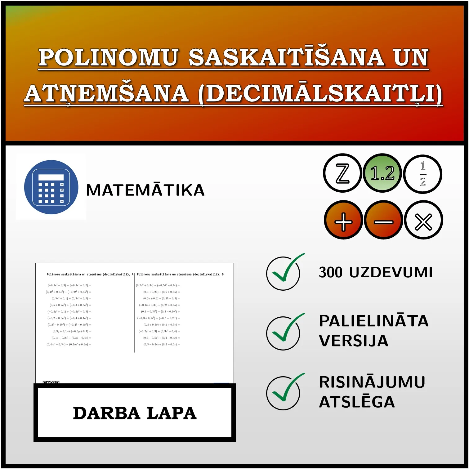 Darba lapa: Polinomu saskaitīšana un atņemšana (decimālskaitļi)