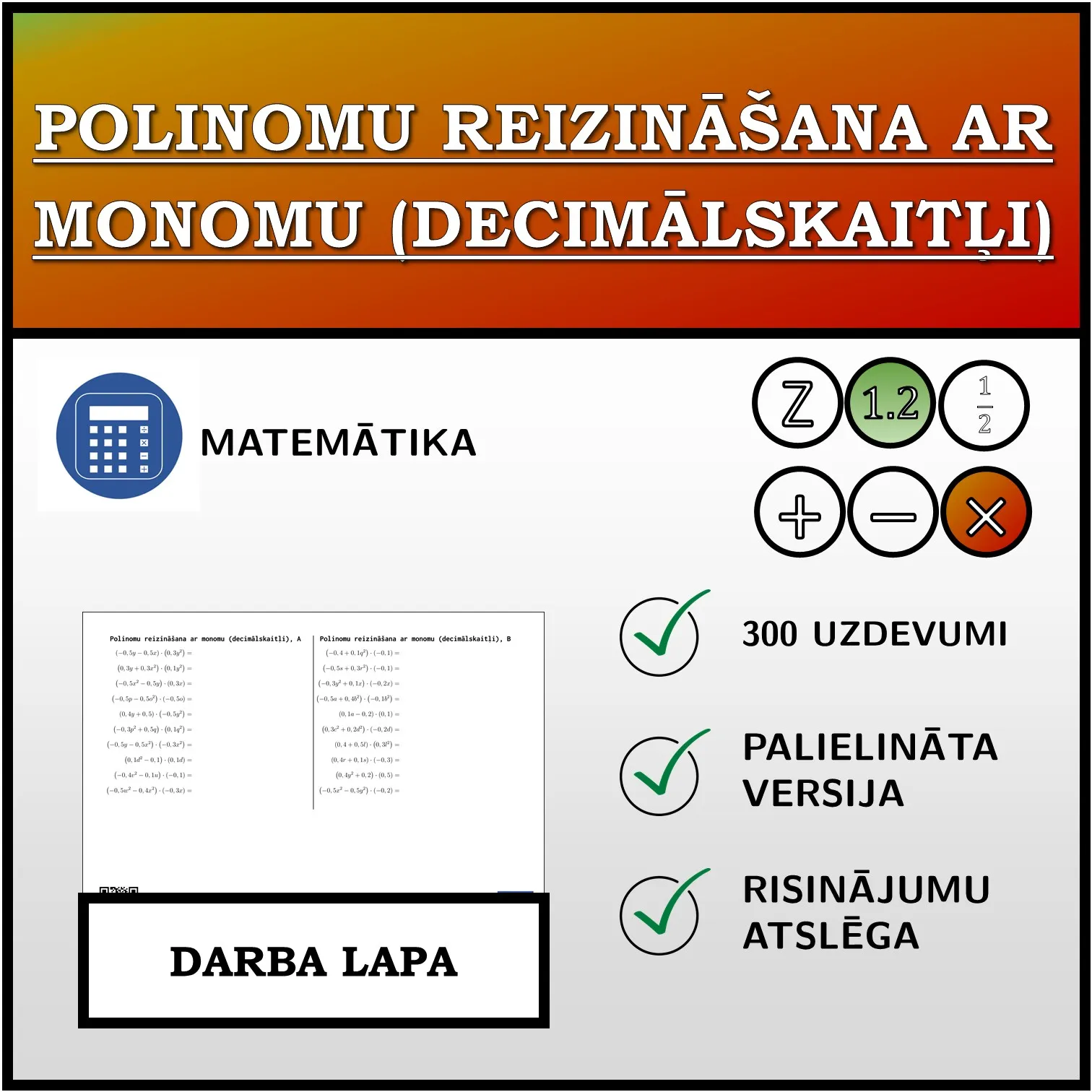 Darba lapa: Polinomu reizināšana ar monomu (decimālskaitļi)