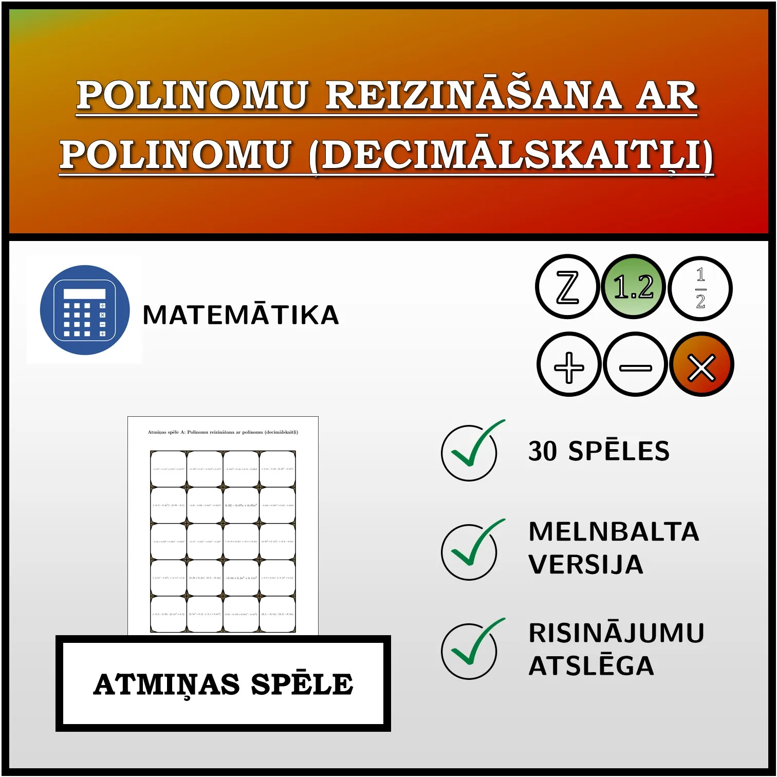 Atmiņas spēle: Polinomu reizināšana ar polinomu (decimālskaitļi)