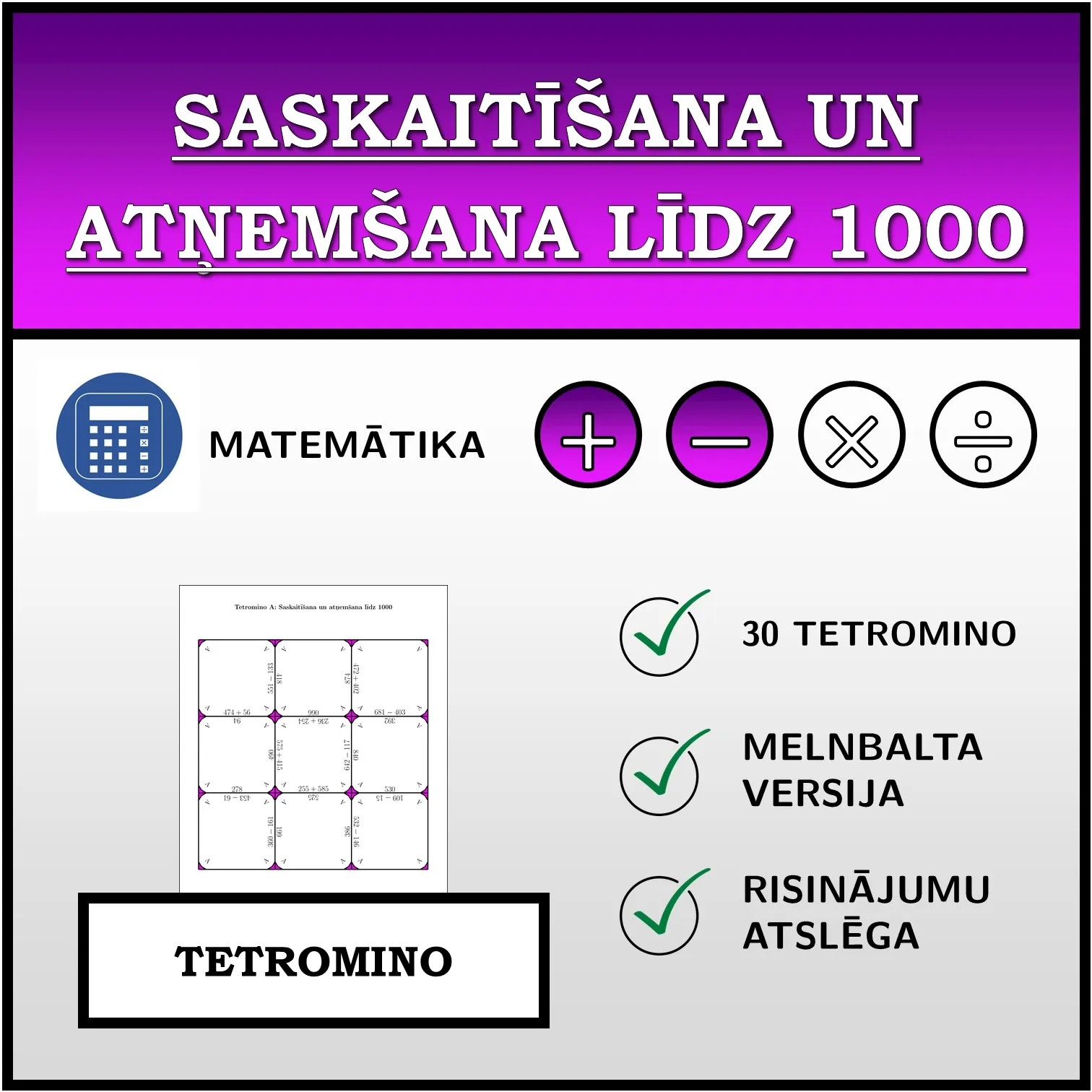 Tetromino: Saskaitīšana un atņemšana līdz 1000