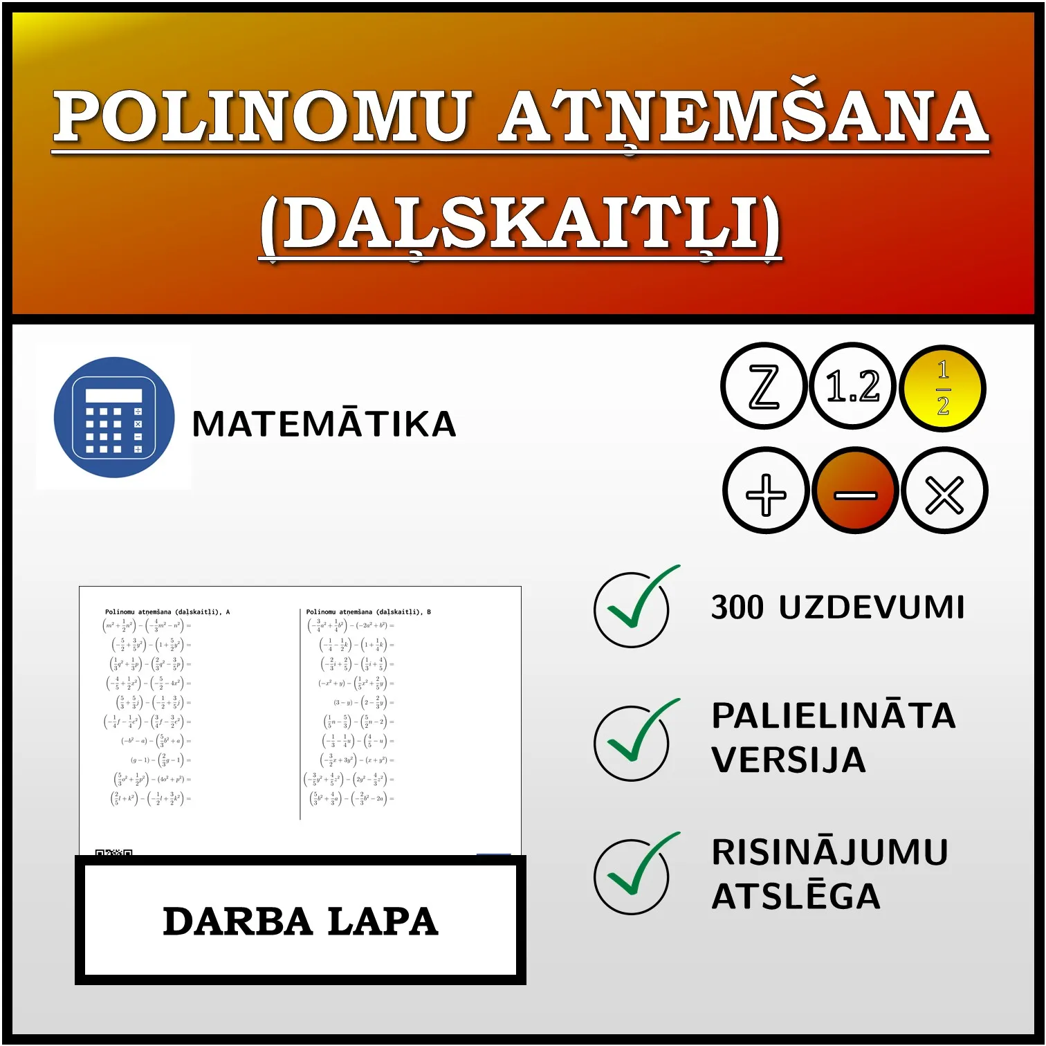 Darba lapa: Polinomu atņemšana (daļskaitļi)