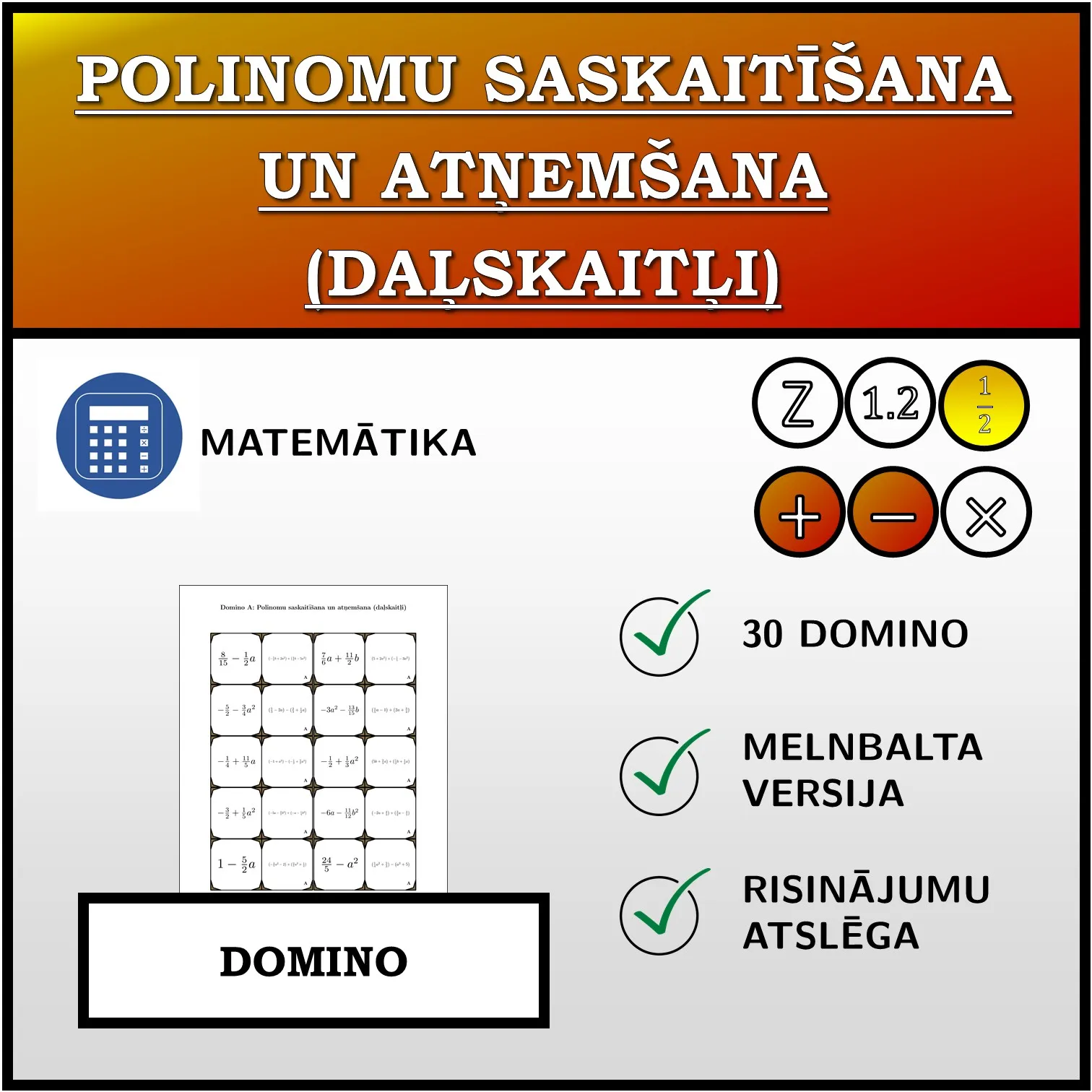 Domino: Polinomu saskaitīšana un atņemšana (daļskaitļi)