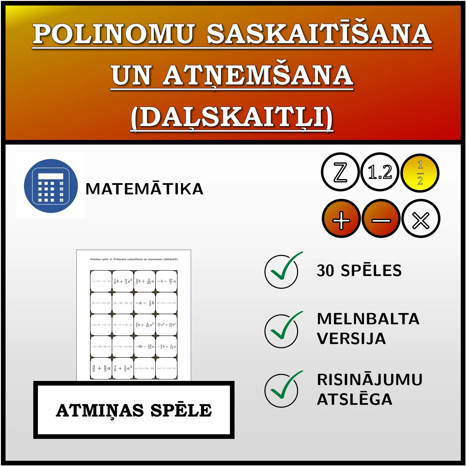 Atmiņas spēle: Polinomu saskaitīšana un atņemšana (daļskaitļi)
