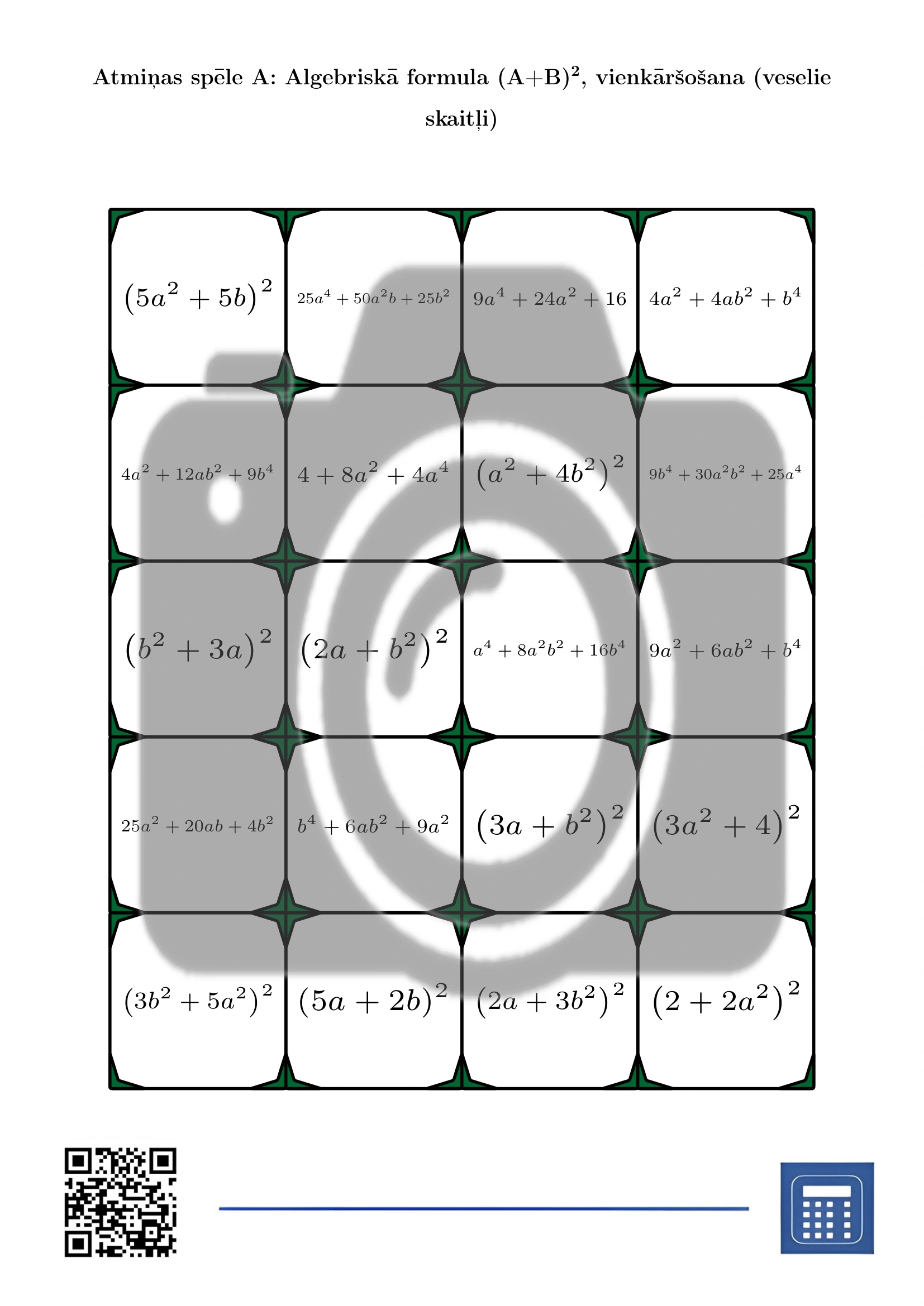 Atmiņas spēle: Algebriskā formula (A+B)², vienkāršošana (veselie skaitļi) - Image 2