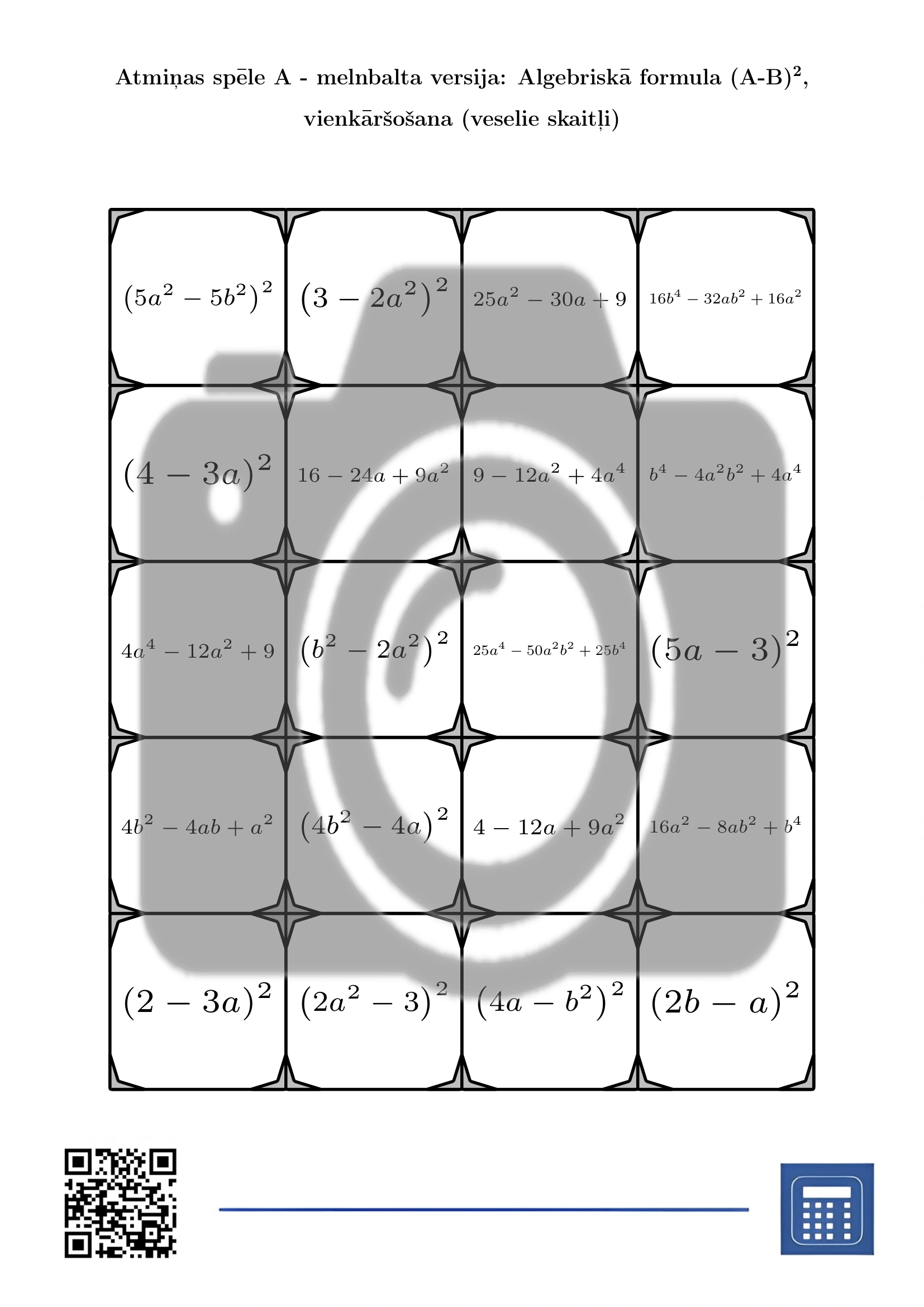 Atmiņas spēle: Algebriskā formula (A-B)², vienkāršošana (veselie skaitļi) - Image 3