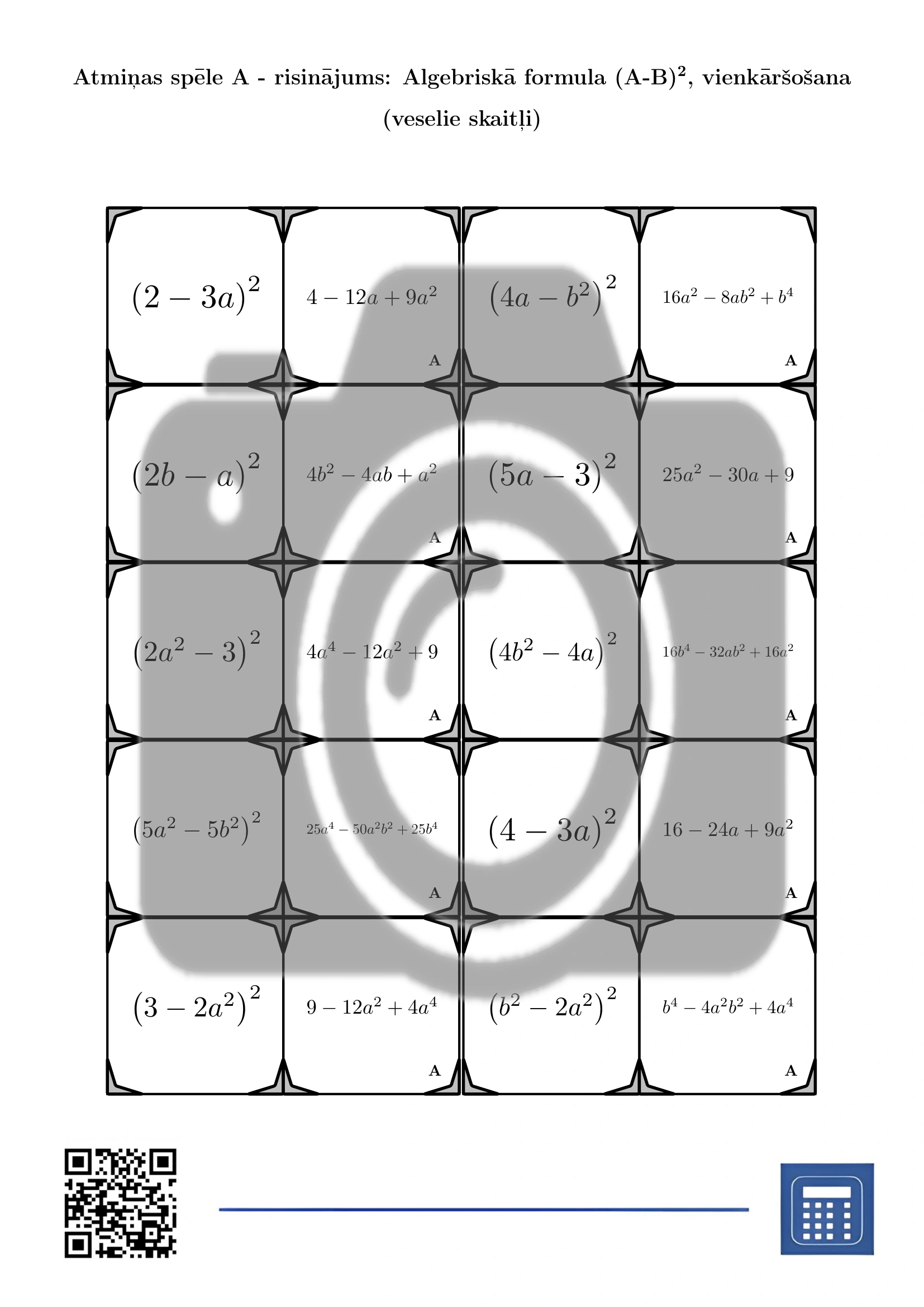 Atmiņas spēle: Algebriskā formula (A-B)², vienkāršošana (veselie skaitļi) - Image 4