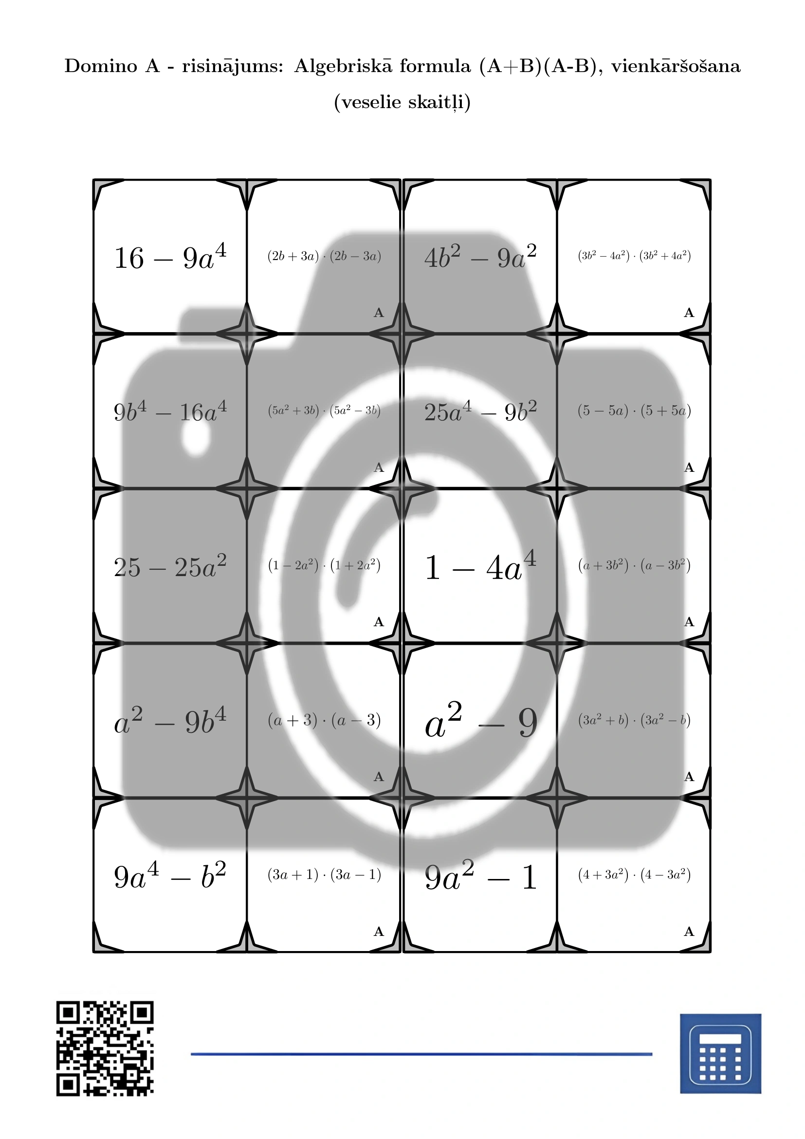 Domino: Algebriskā formula (A+B)(A-B), vienkāršošana (veselie skaitļi) - Image 4