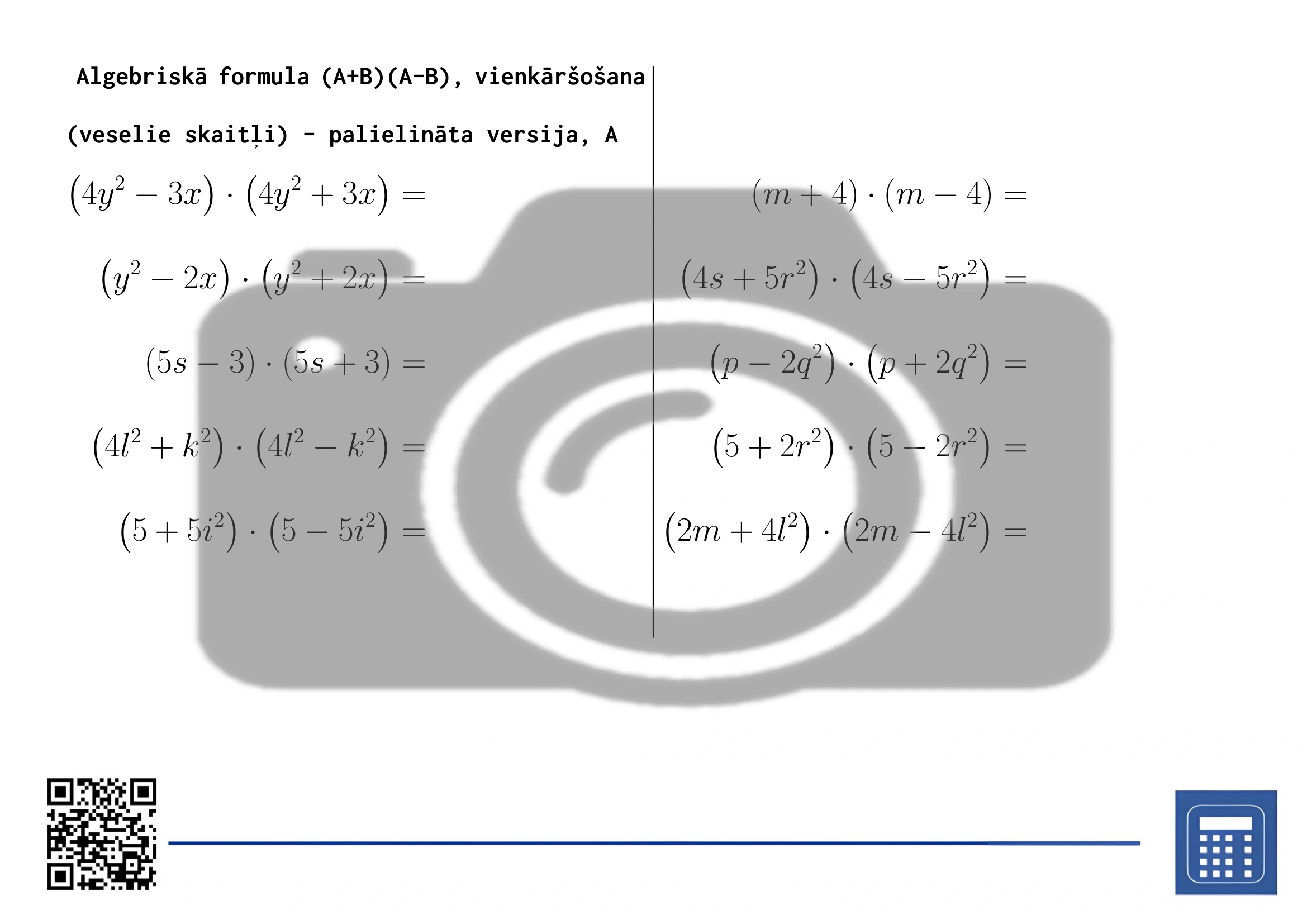 Darba lapa: Algebriskā formula (A+B)(A-B), vienkāršošana (veselie skaitļi) - Image 3