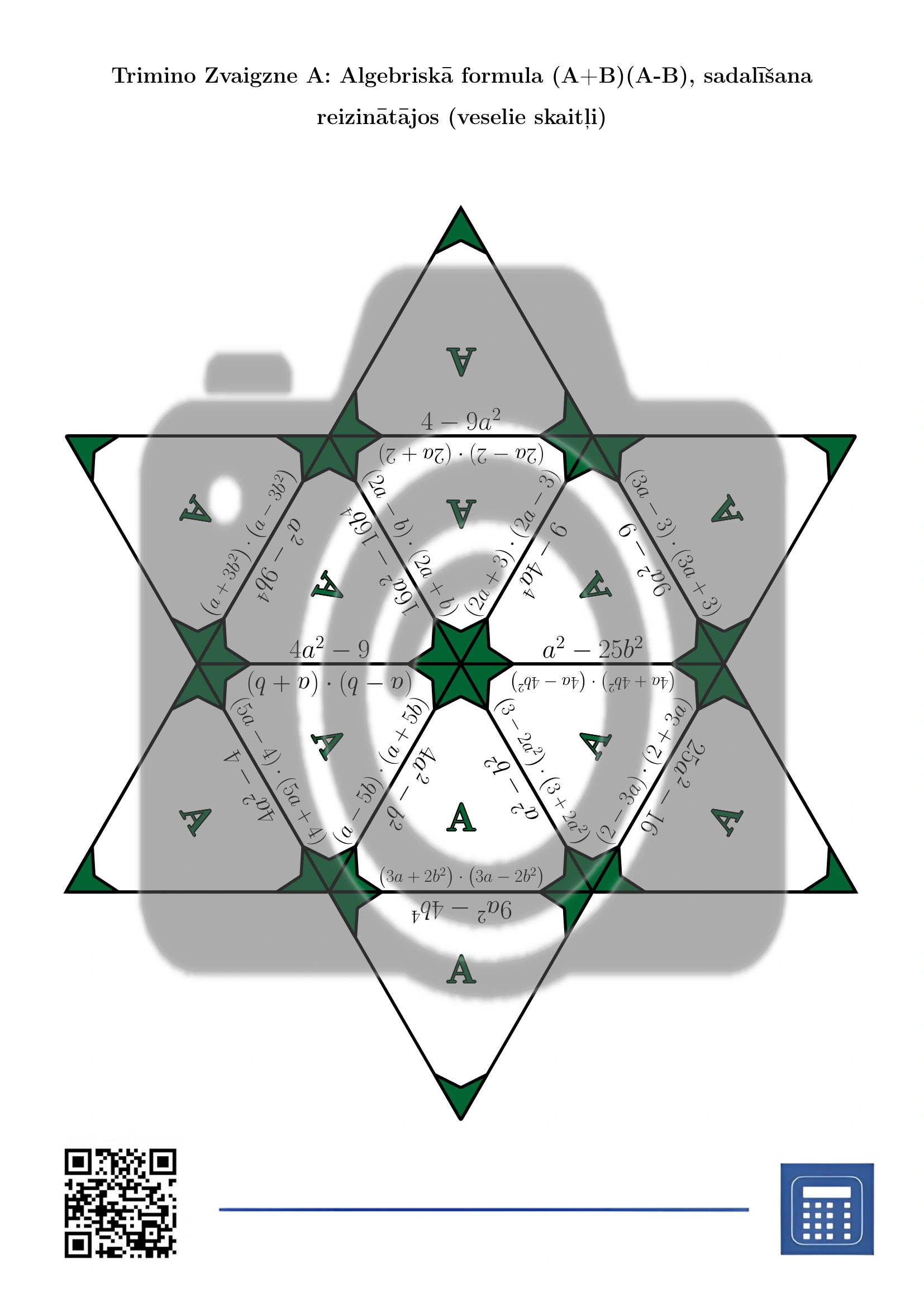 Trimino: Algebriskā formula (A+B)(A-B), sadalīšana reizinātājos (veselie skaitļi) - Image 4