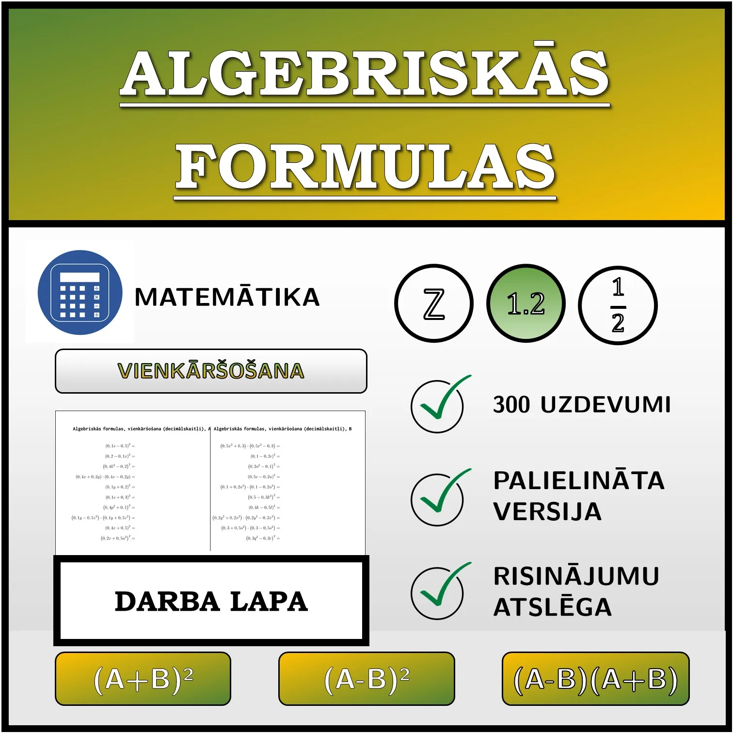 Darba lapa: Algebriskās formulas, vienkāršošana (decimālskaitļi)