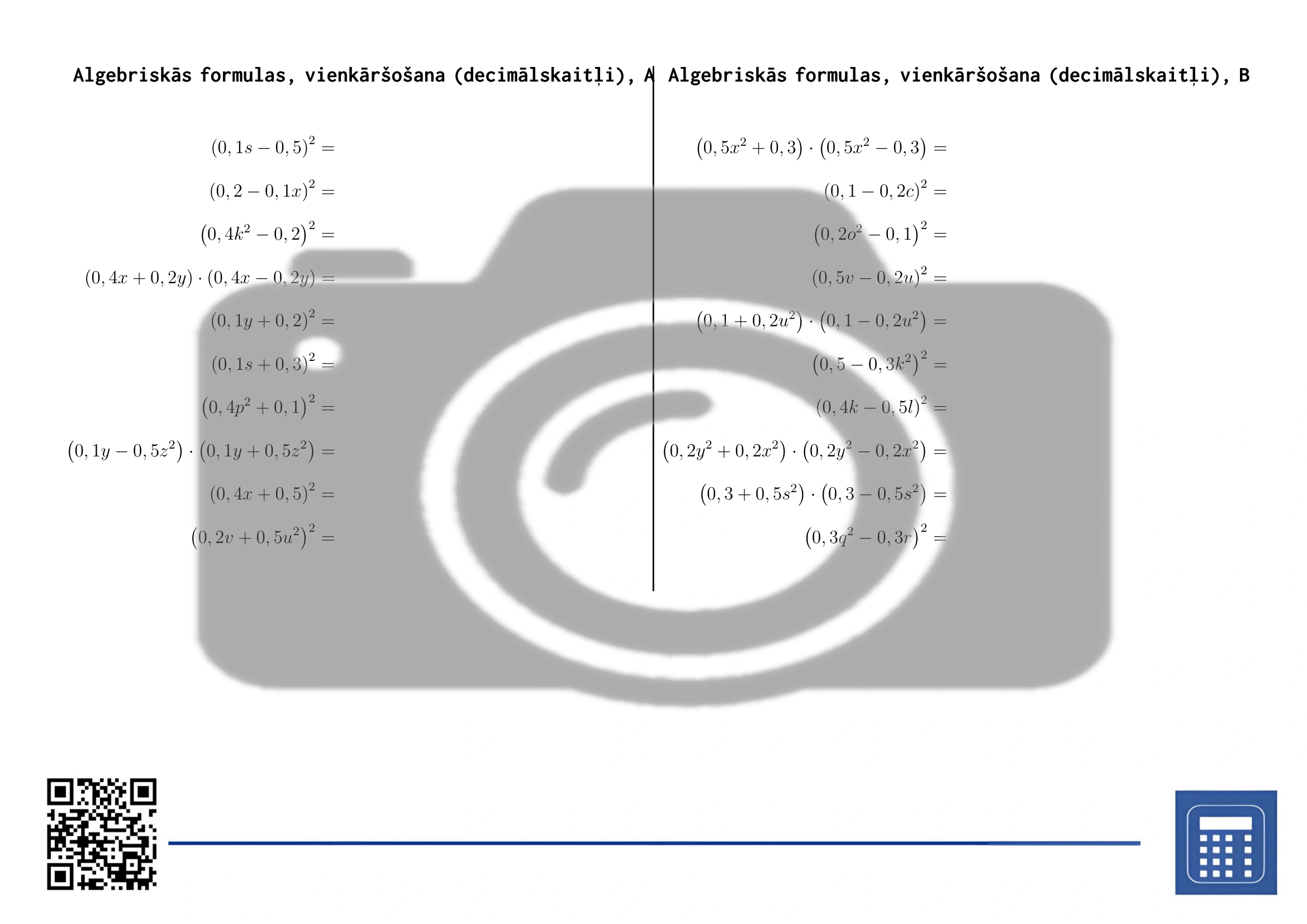 Darba lapa: Algebriskās formulas, vienkāršošana (decimālskaitļi) - Image 2