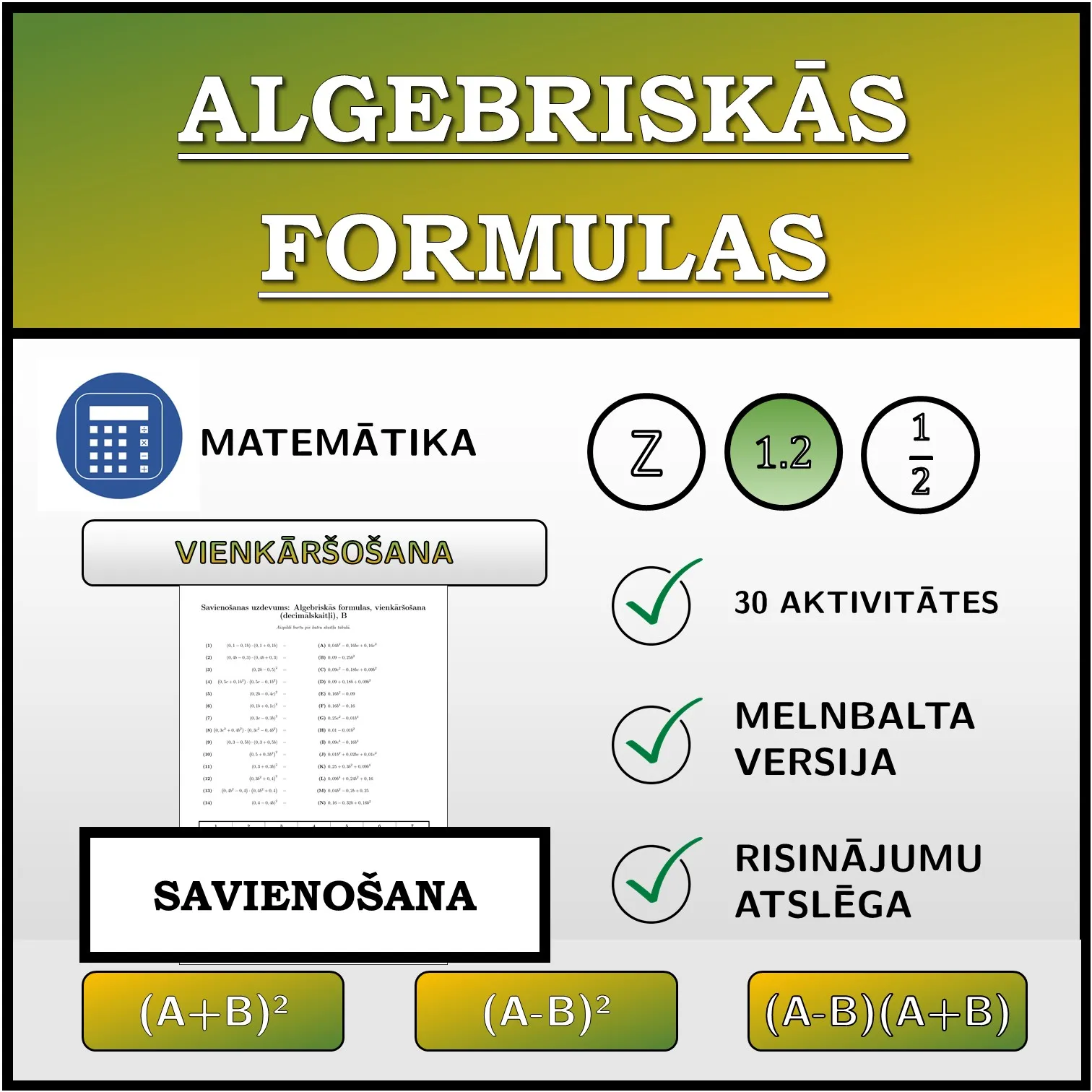 Savienošanas uzdevums: Algebriskās formulas, vienkāršošana (decimālskaitļi)