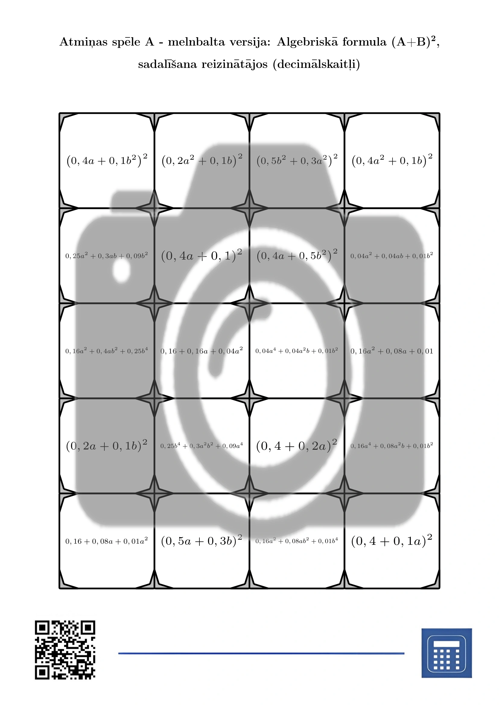 Atmiņas spēle: Algebriskā formula (A+B)², sadalīšana reizinātājos (decimālskaitļi) - Image 3
