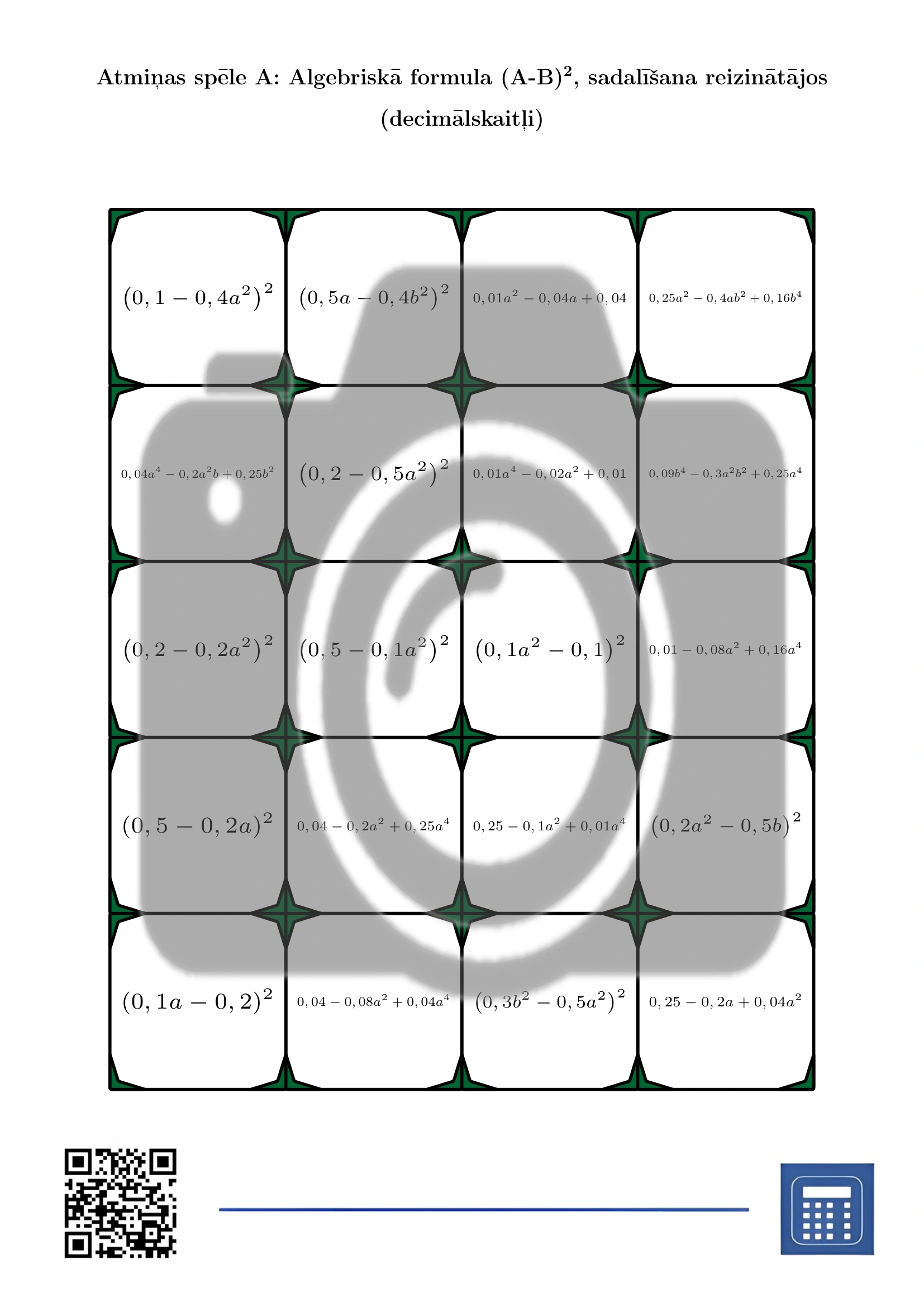 Atmiņas spēle: Algebriskā formula (A-B)², sadalīšana reizinātājos (decimālskaitļi) - Image 2