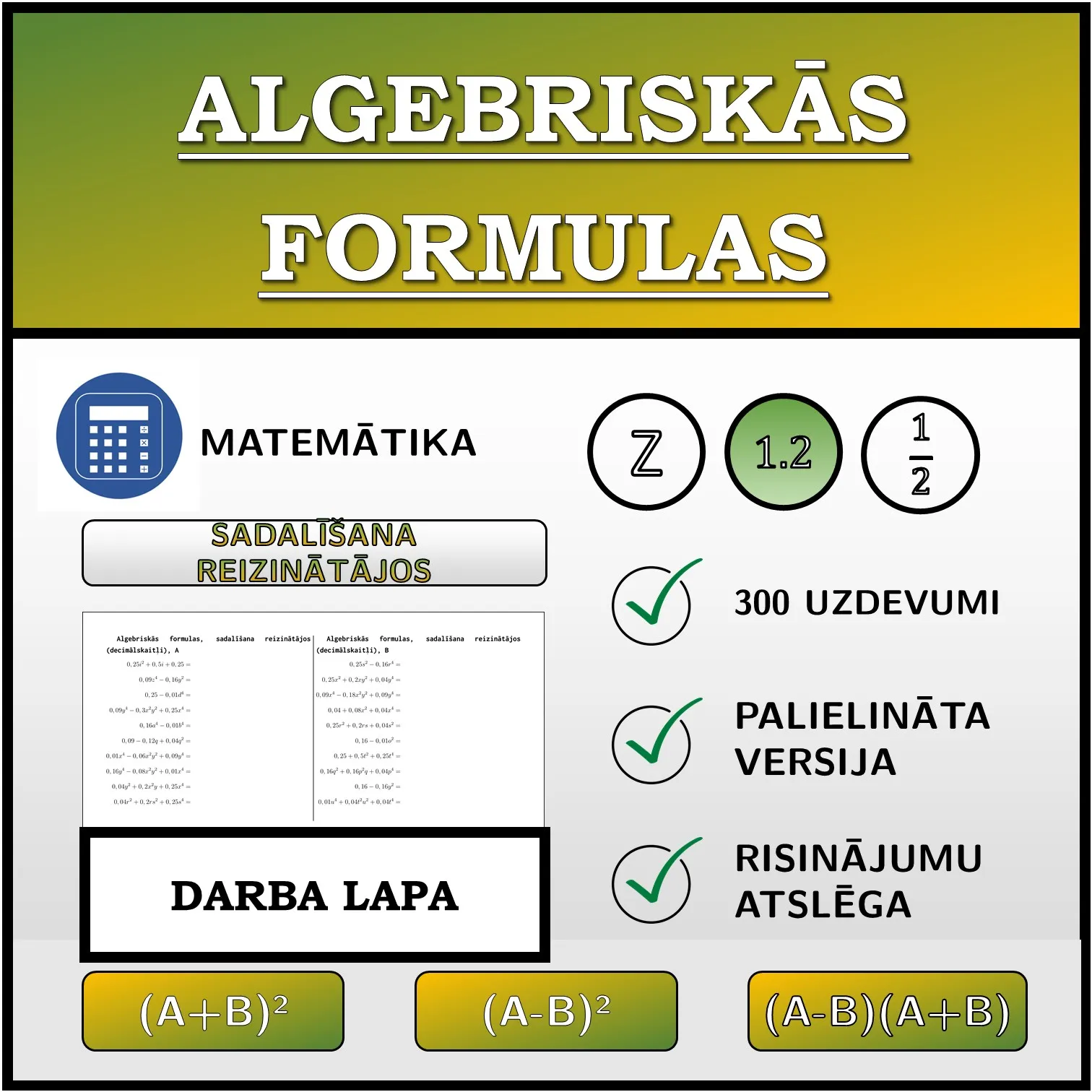 Darba lapa: Algebriskās formulas, sadalīšana reizinātājos (decimālskaitļi)