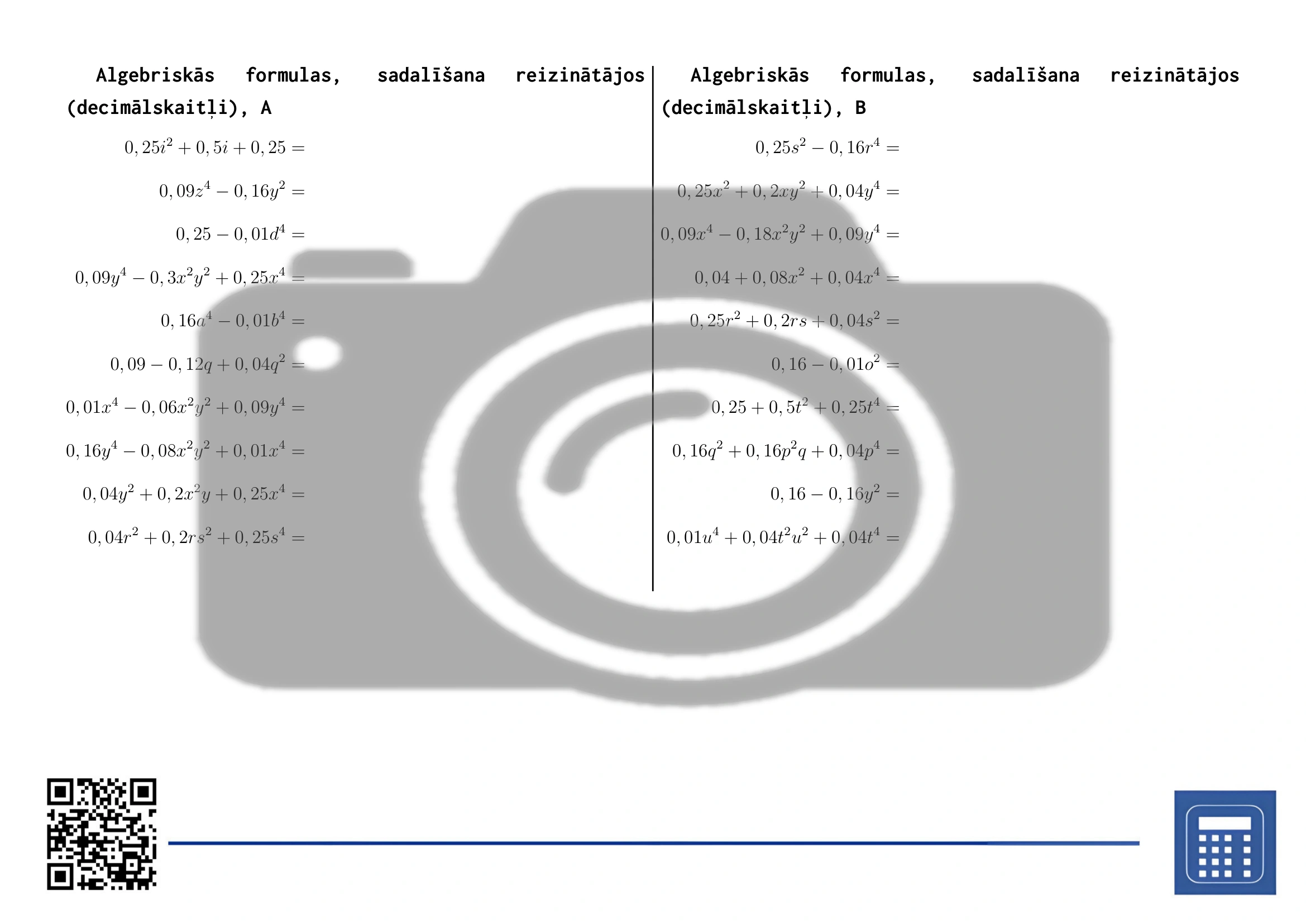 Darba lapa: Algebriskās formulas, sadalīšana reizinātājos (decimālskaitļi) - Image 2