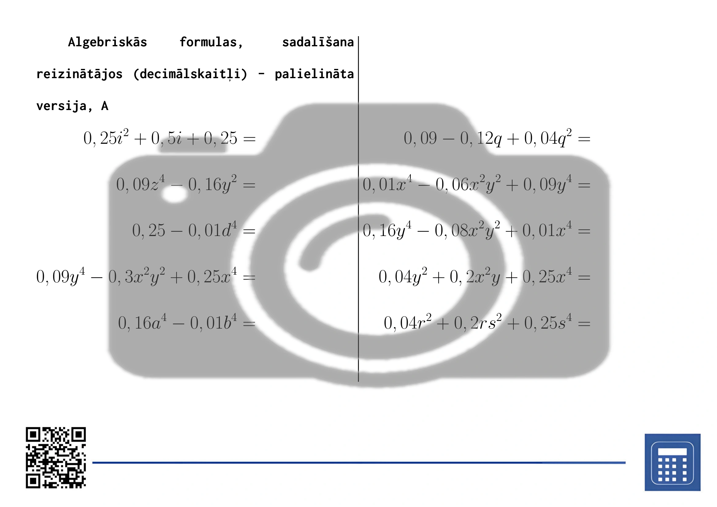 Darba lapa: Algebriskās formulas, sadalīšana reizinātājos (decimālskaitļi) - Image 3