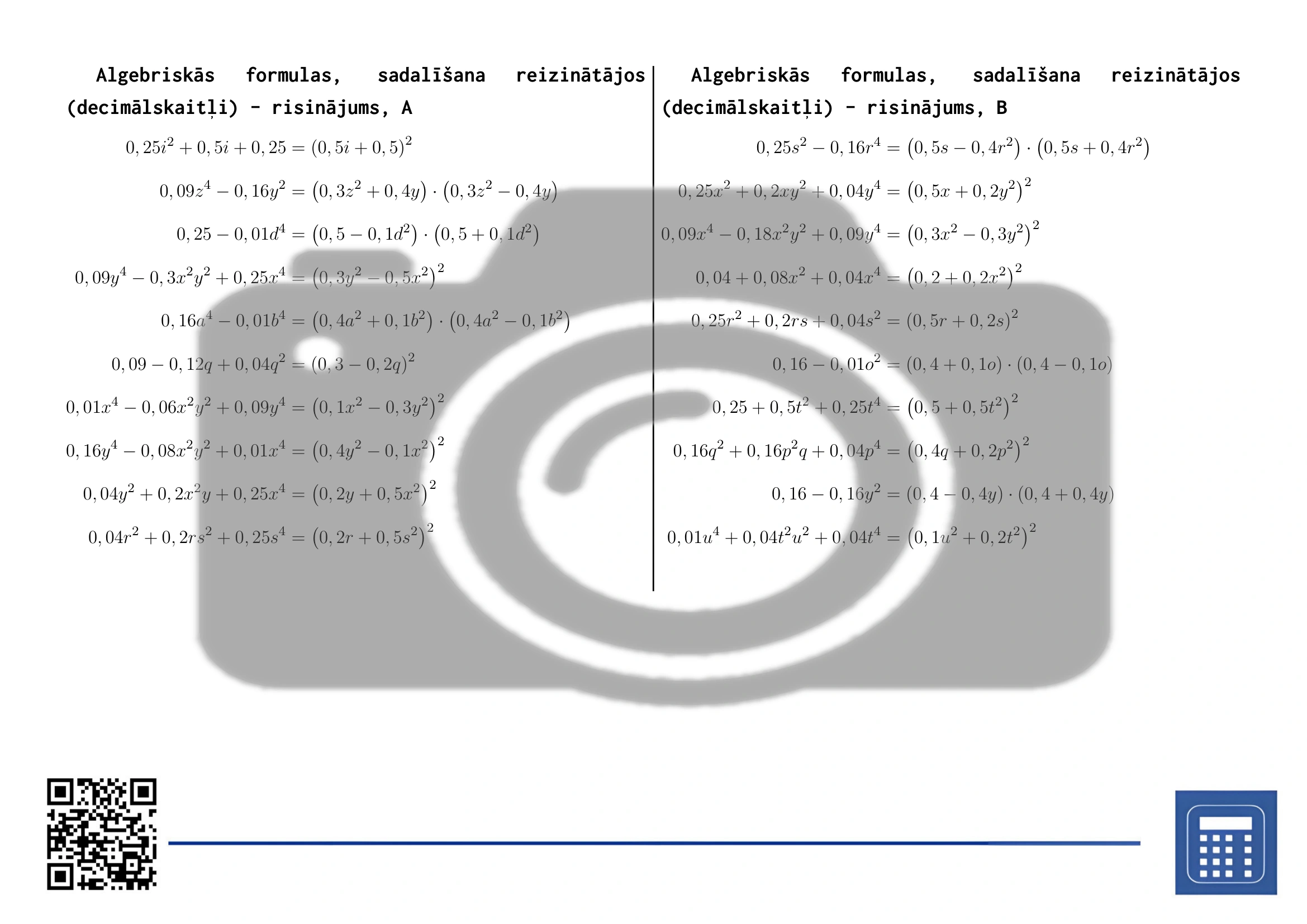 Darba lapa: Algebriskās formulas, sadalīšana reizinātājos (decimālskaitļi) - Image 4