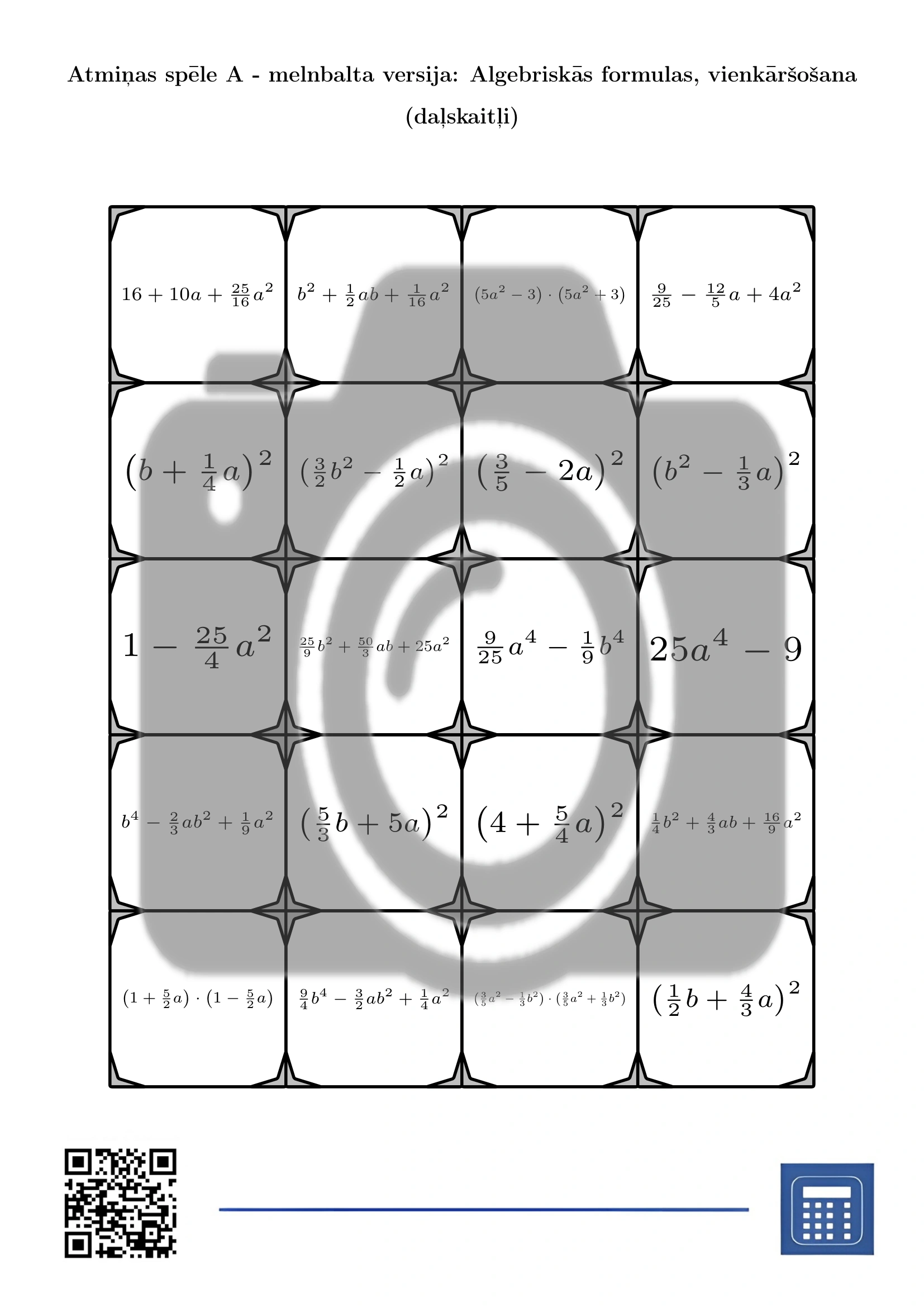Atmiņas spēle: Algebriskās formulas, vienkāršošana (daļskaitļi) - Image 3