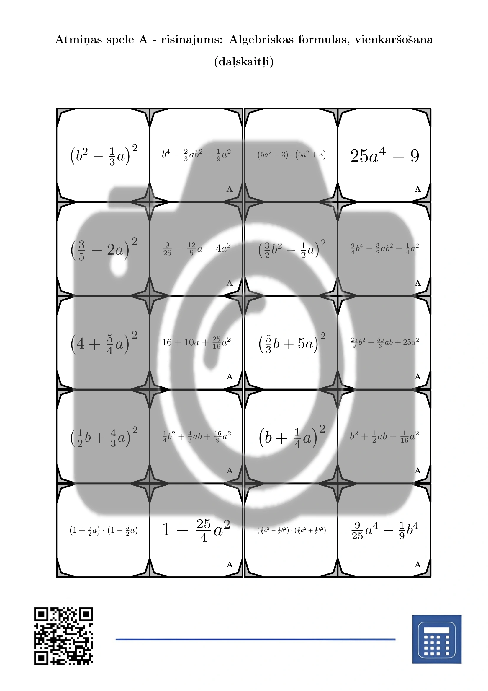 Atmiņas spēle: Algebriskās formulas, vienkāršošana (daļskaitļi) - Image 4