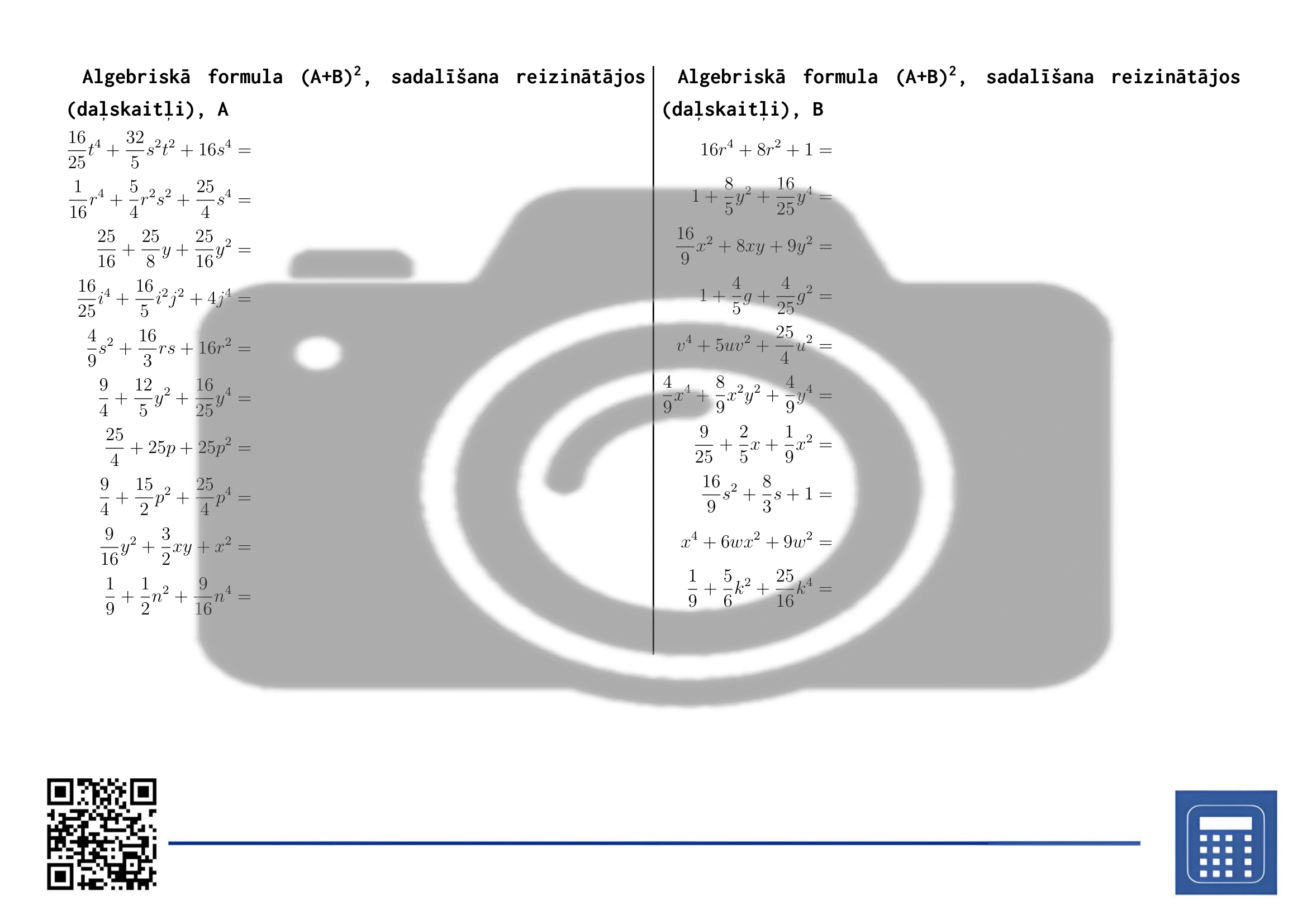 Darba lapa: Algebriskā formula (A+B)², sadalīšana reizinātājos (daļskaitļi) - Image 2