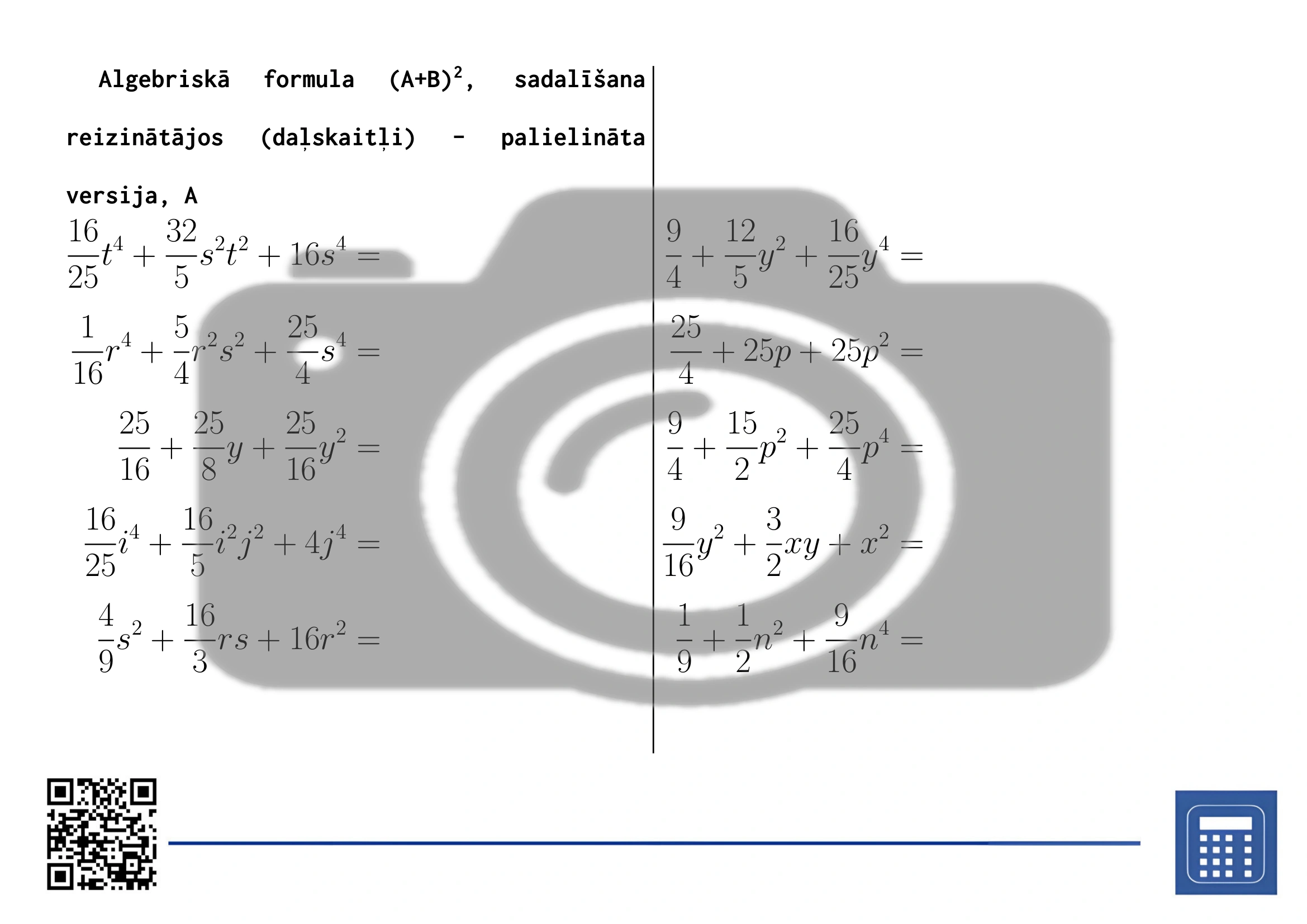 Darba lapa: Algebriskā formula (A+B)², sadalīšana reizinātājos (daļskaitļi) - Image 3