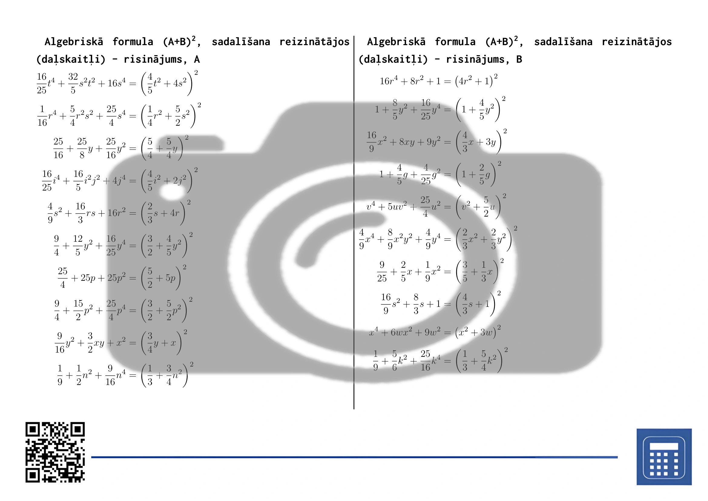 Darba lapa: Algebriskā formula (A+B)², sadalīšana reizinātājos (daļskaitļi) - Image 4