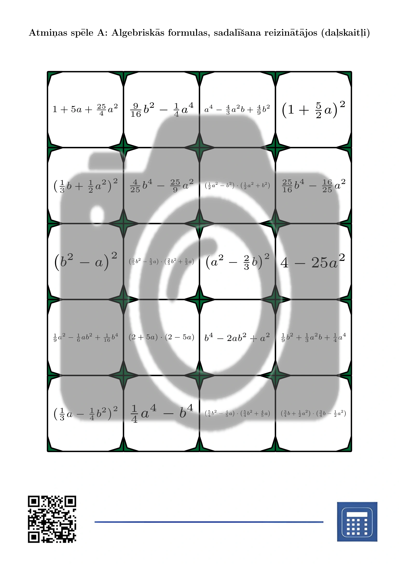 Atmiņas spēle: Algebriskās formulas, sadalīšana reizinātājos (daļskaitļi) - Image 2