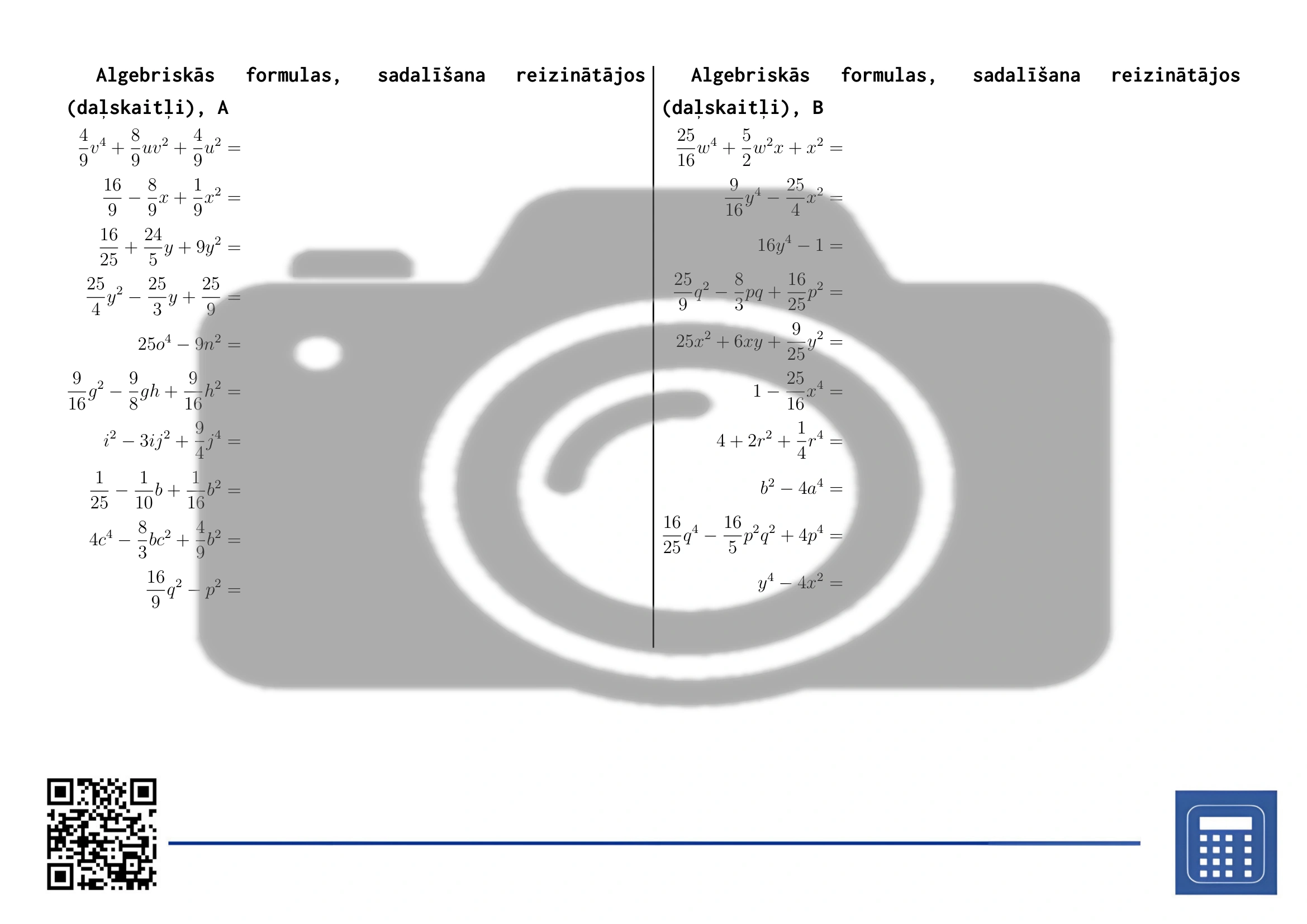 Darba lapa: Algebriskās formulas, sadalīšana reizinātājos (daļskaitļi) - Image 2