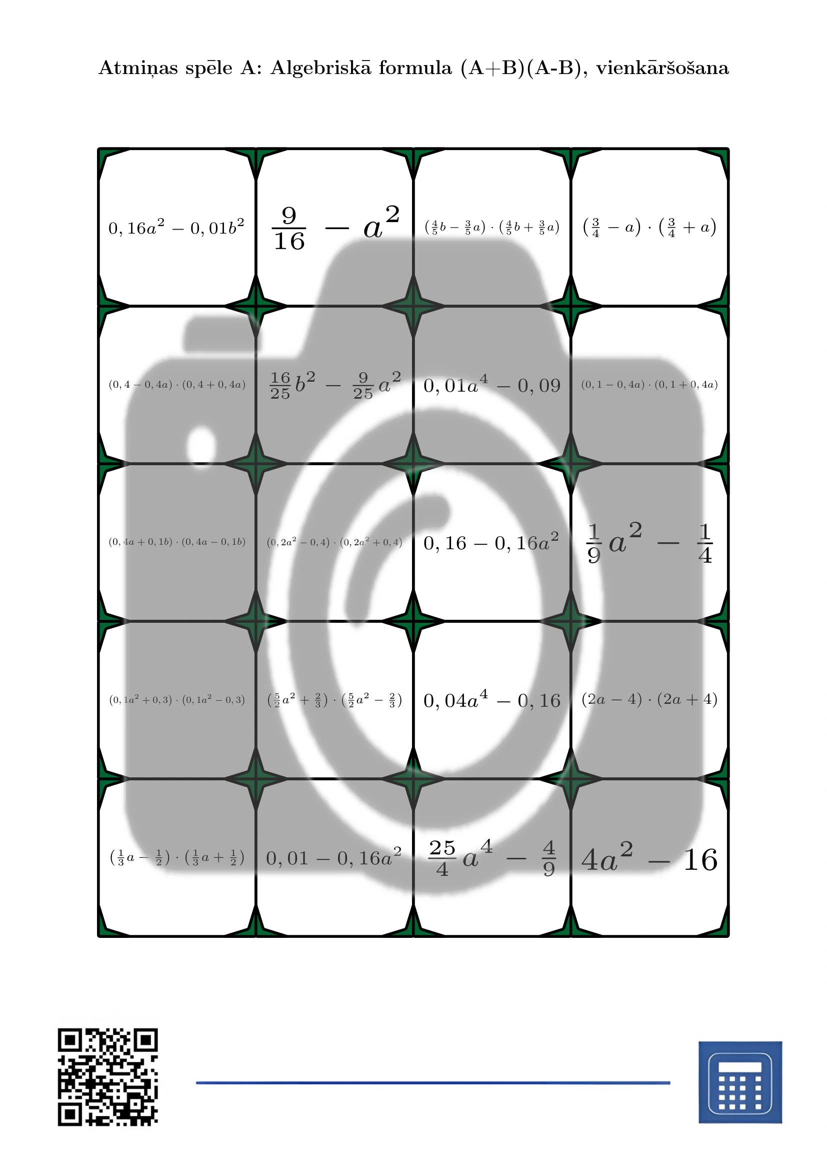 Atmiņas spēle: Algebriskā formula (A+B)(A-B), vienkāršošana - Image 2