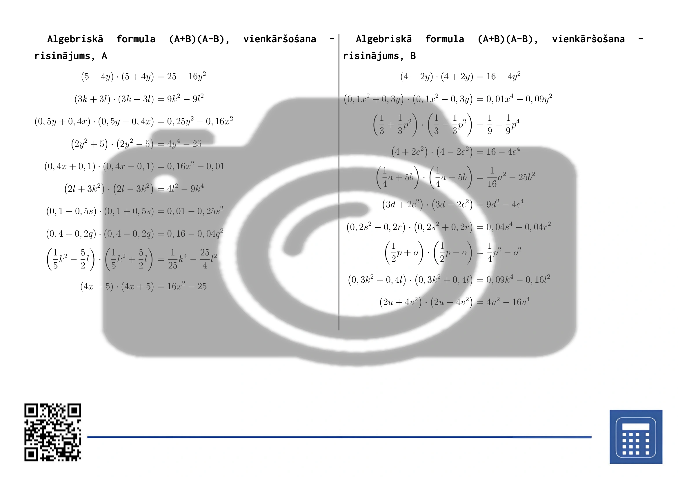 Darba lapa: Algebriskā formula (A+B)(A-B), vienkāršošana - Image 4