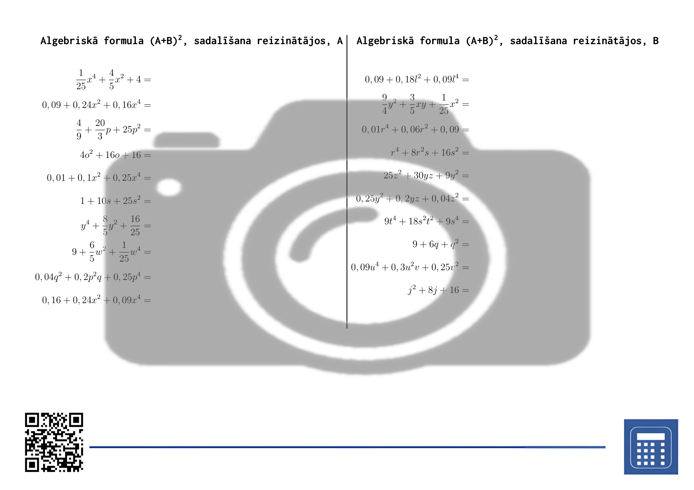 Darba lapa: Algebriskā formula (A+B)², sadalīšana reizinātājos - Image 2
